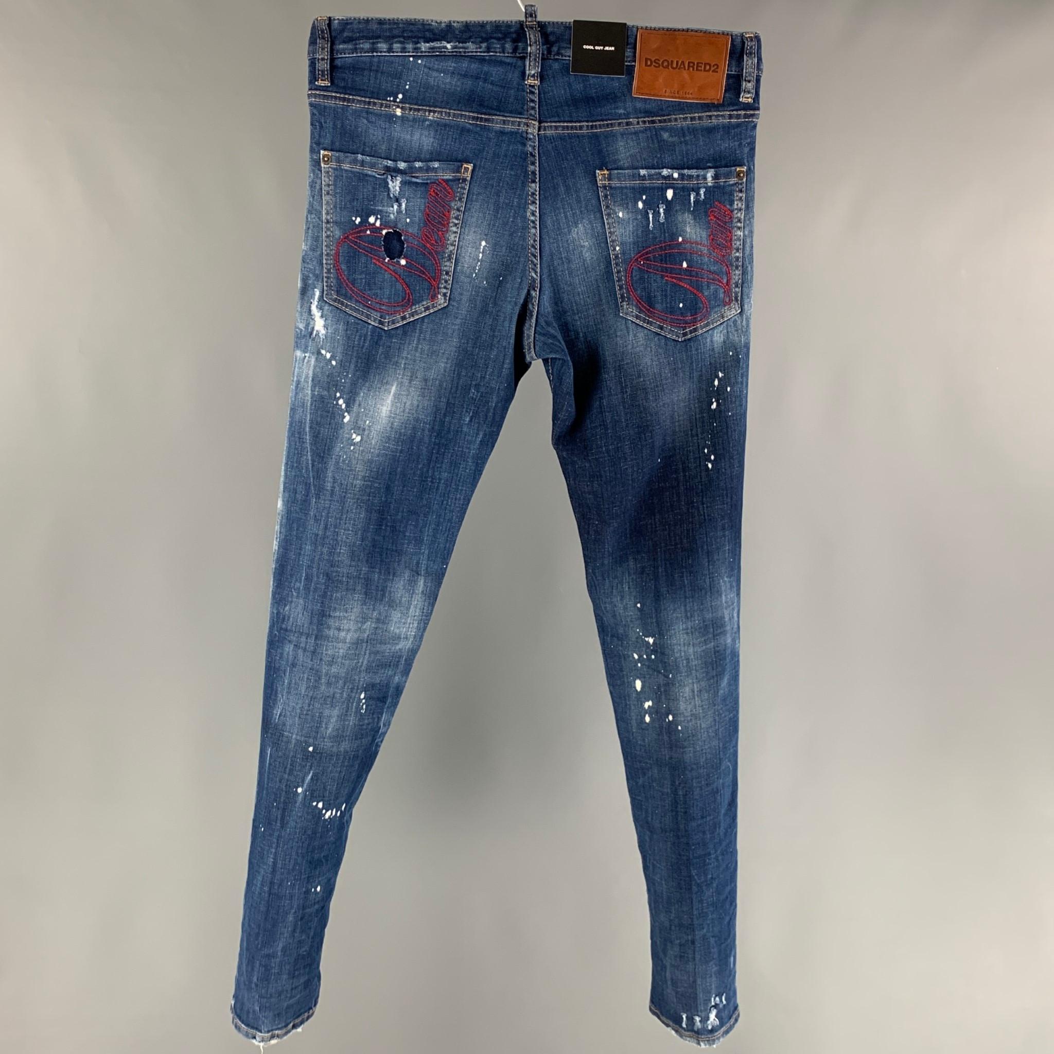 DSQUARED2 Size 32 Blue Distressed Cotton Elastane Button Fly Jeans In New Condition In San Francisco, CA