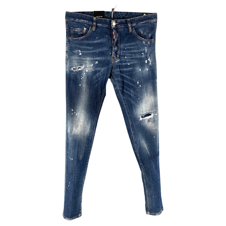 DSQUARED2 Size 32 Blue Distressed Cotton Elastane Button Fly Jeans For Sale  at 1stDibs