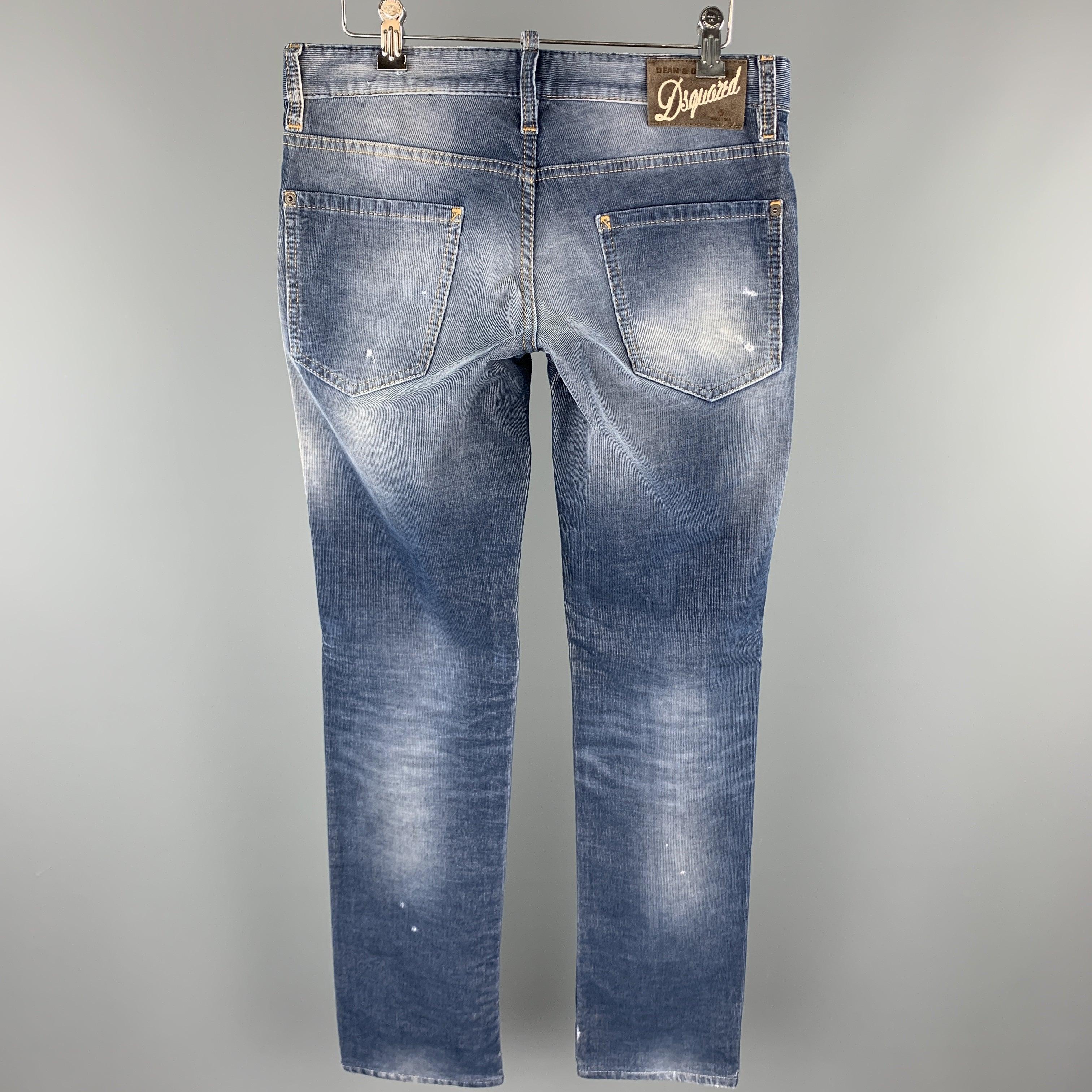 Men's DSQUARED2 Size 32 Blue Washed Corduroy Distressed Jeans For Sale