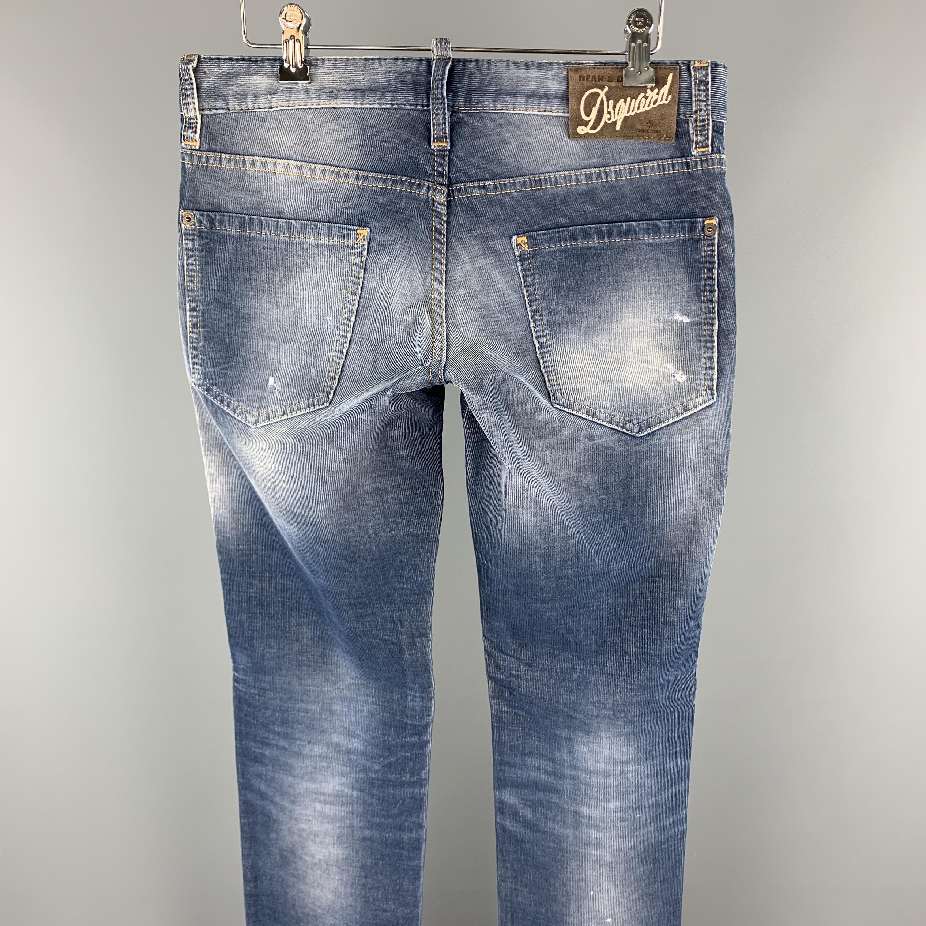 Men's DSQUARED2 Size 32 Blue Washed Corduroy Distressed Jeans