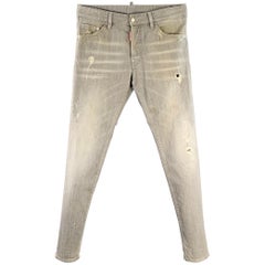 DSQUARED2 Size 32 Grey Distressed Cotton Blend Paint Splatter Straight Button Fly Jeans