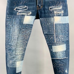 DSQUARED2 Talla 32 Vaqueros Sashiko índigo desgastados Button Fly