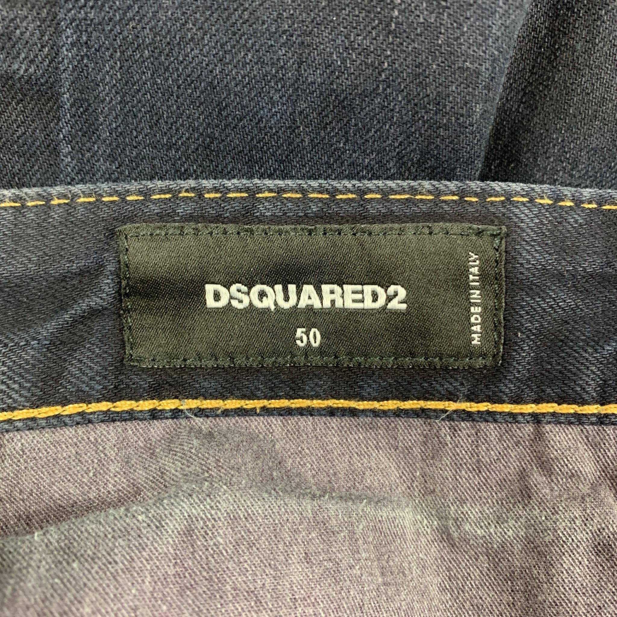 Men's DSQUARED2 Size 34 Dark Navy Distressed Cotton Cropped Jeans For Sale