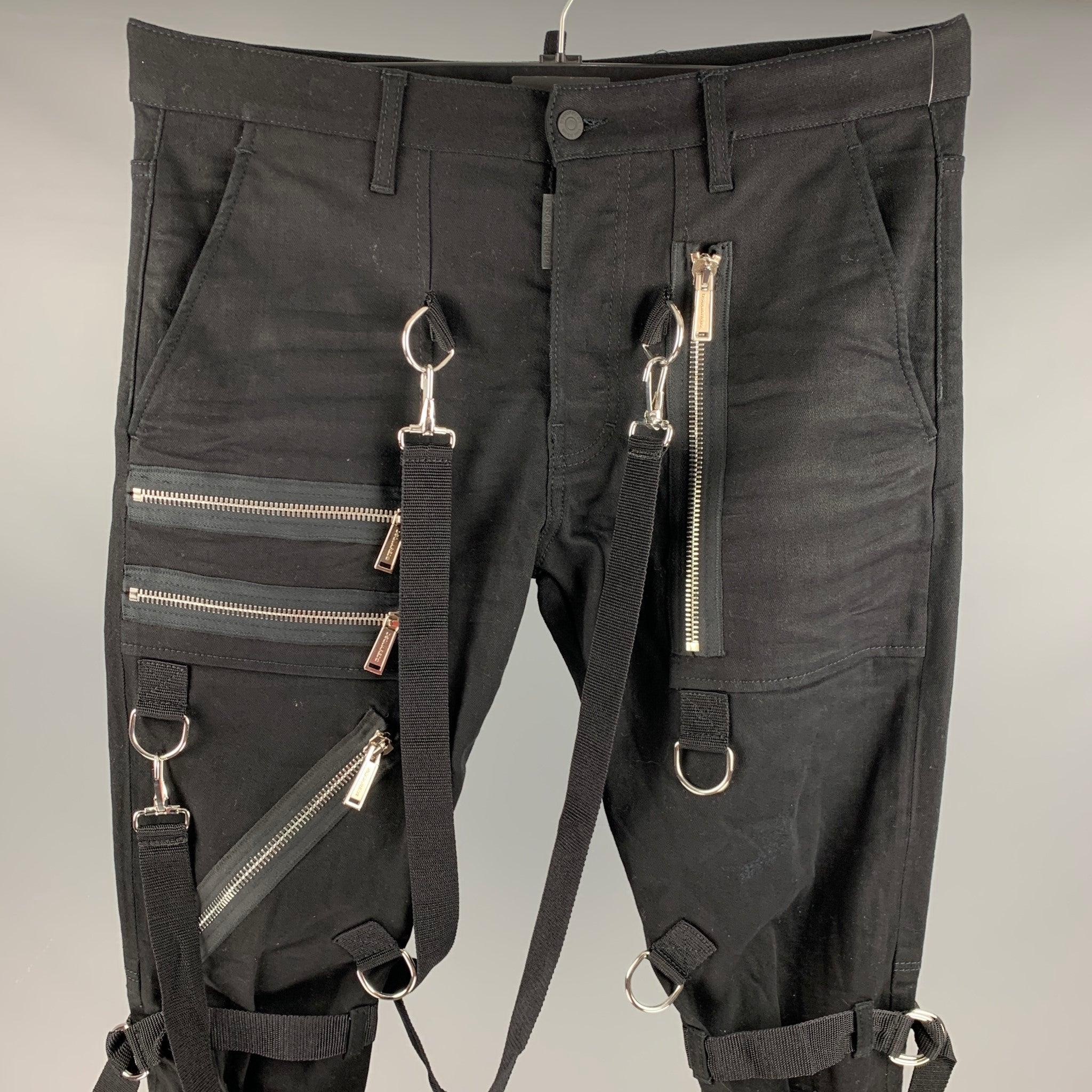 DSQUARED2 Size 36 Black Cotton Elastane Straps Bondage Casual Pants In Good Condition For Sale In San Francisco, CA