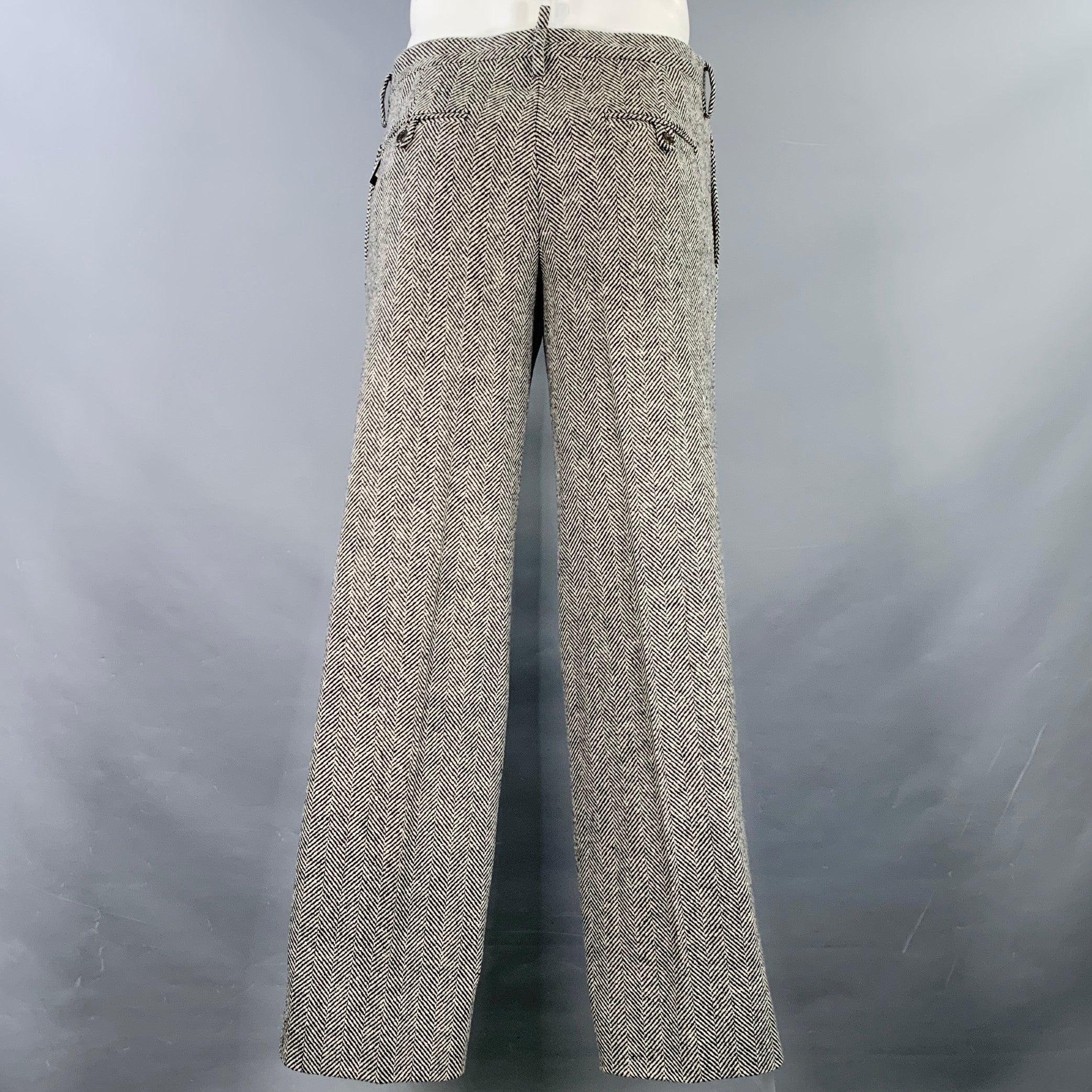 Gray DSQUARED2 Size 36 Black White Herringbone Virgin Wool Flat Front Dress Pants