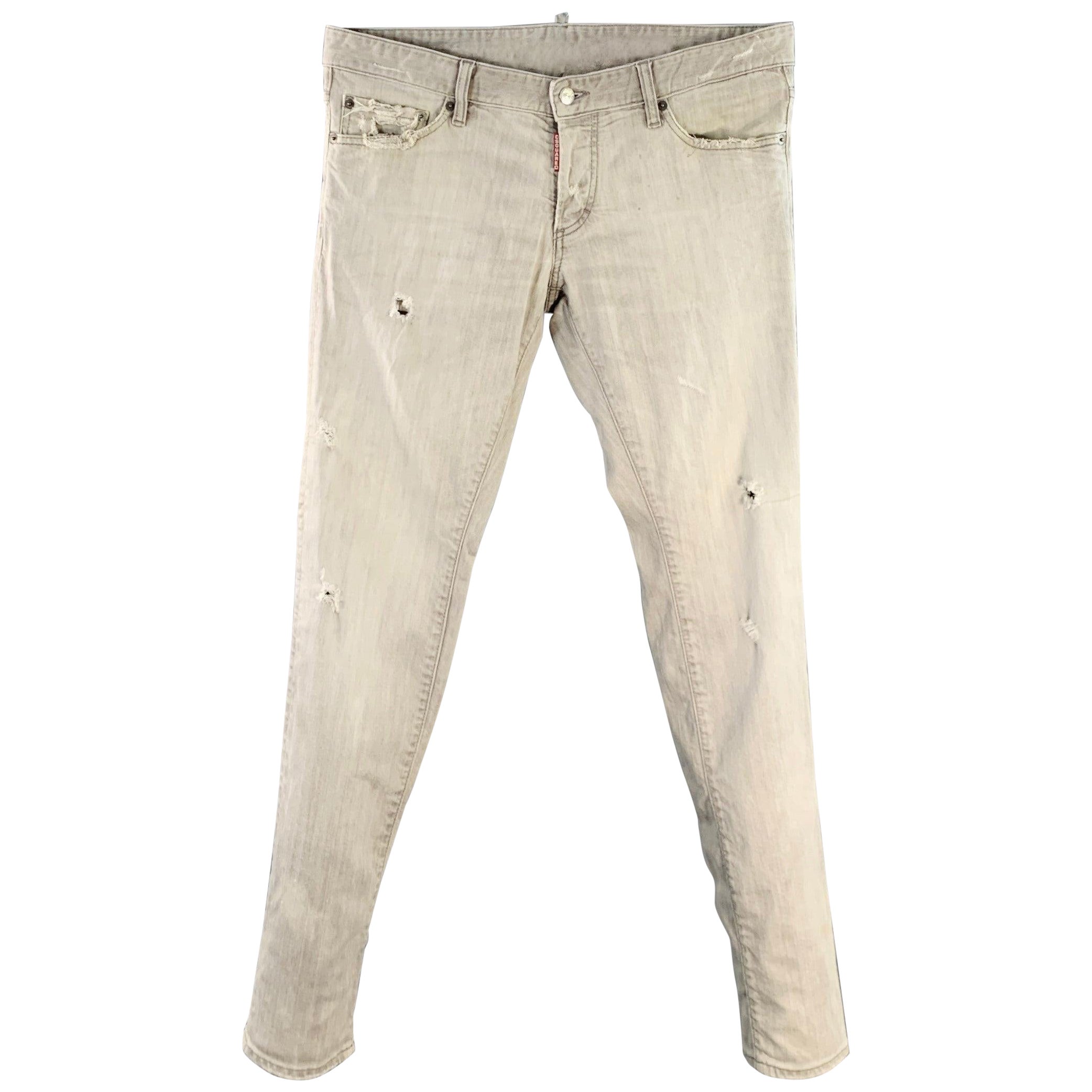 DSQUARED2 Size 36 Grey Distressed Cotton Blend Slim Cut Jeans