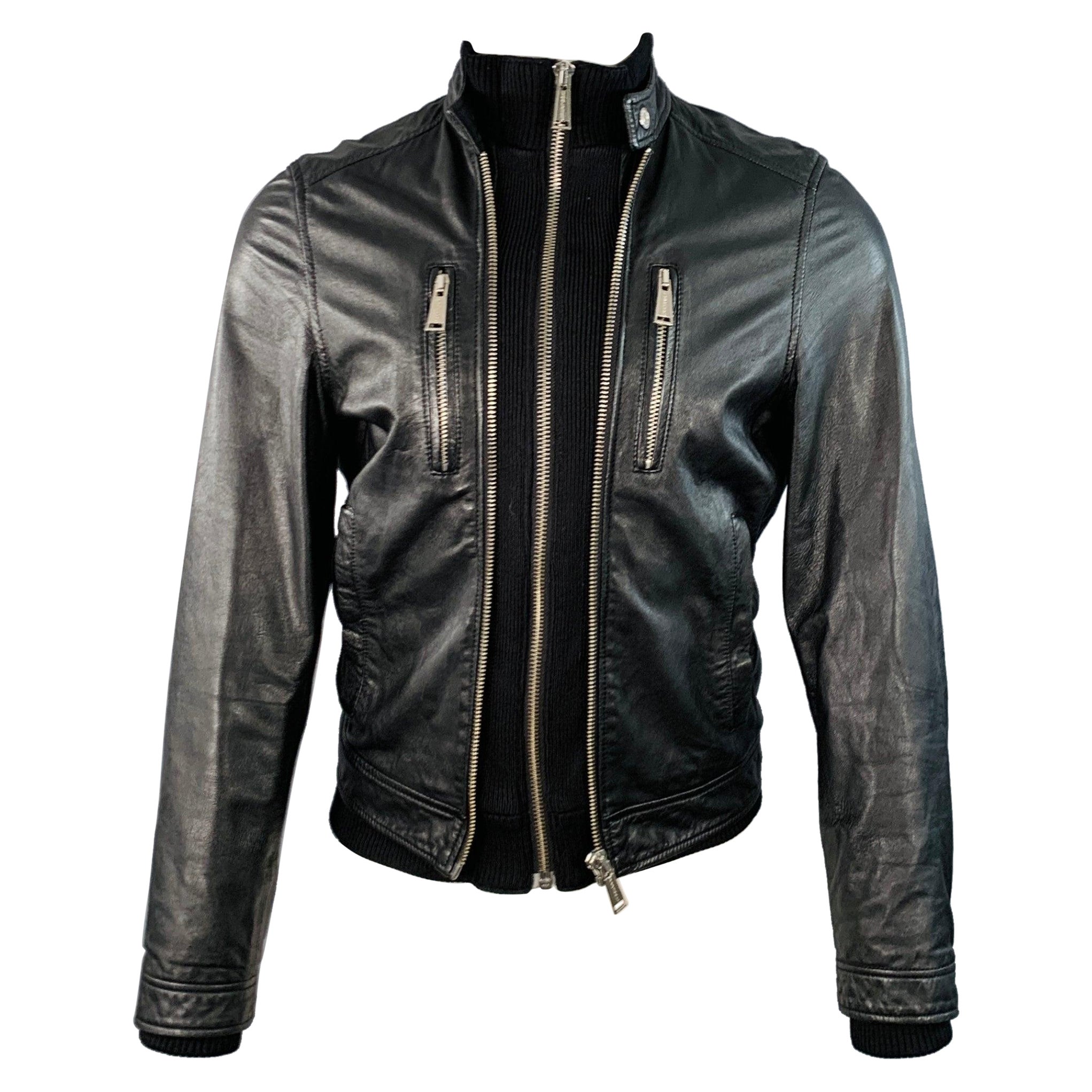 DSQUARED2 Talla 38 Chaqueta negra de piel de cordero con ribete de punto y doble cremallera