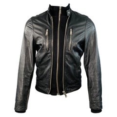 Dsquared2 Taglia 38 Giacca in pelle d'agnello nera con doppia cerniera e finiture in maglia