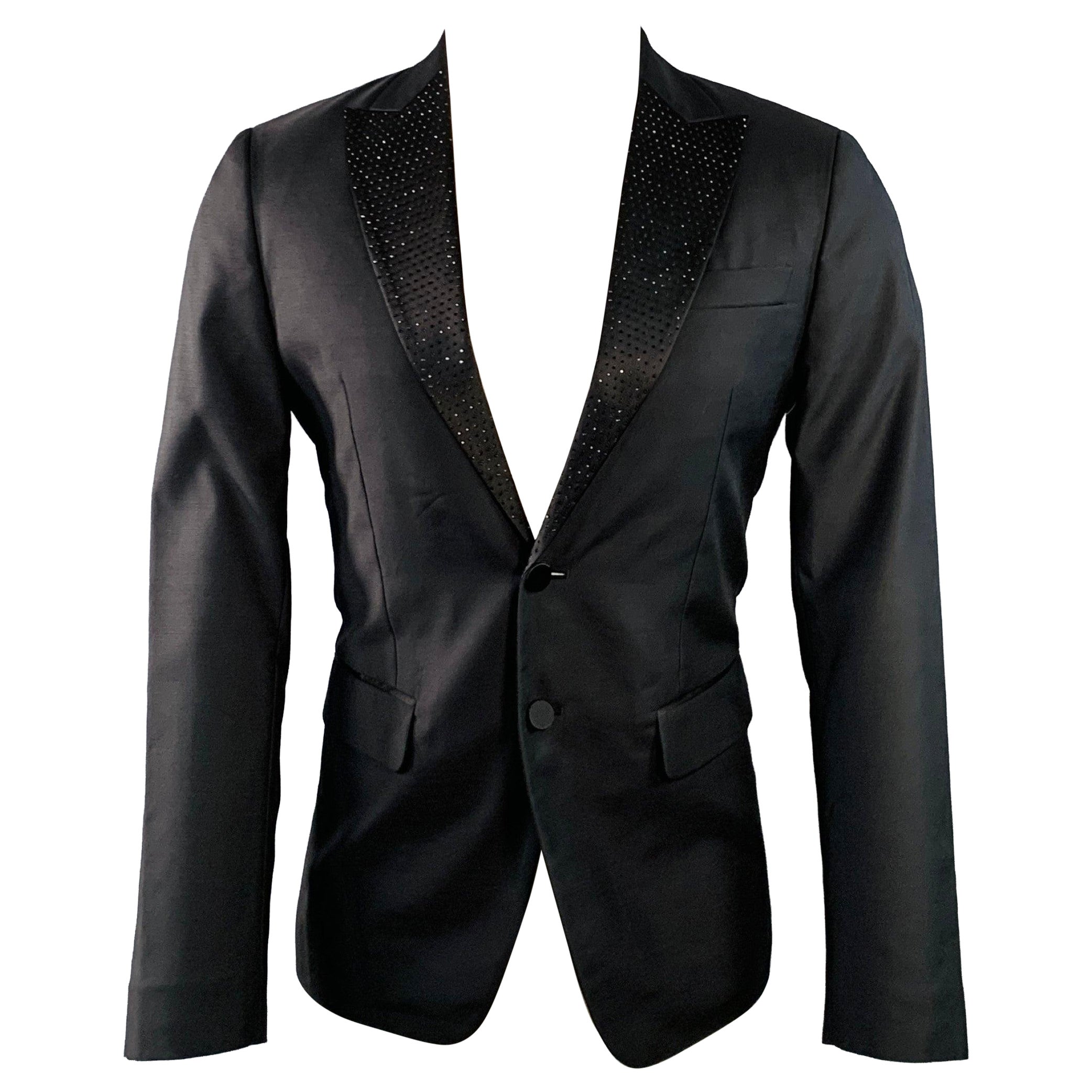 DSQUARED2 Size 38 Black Wool Silk Rhinestone Studded Peak Lapel Sport Coat