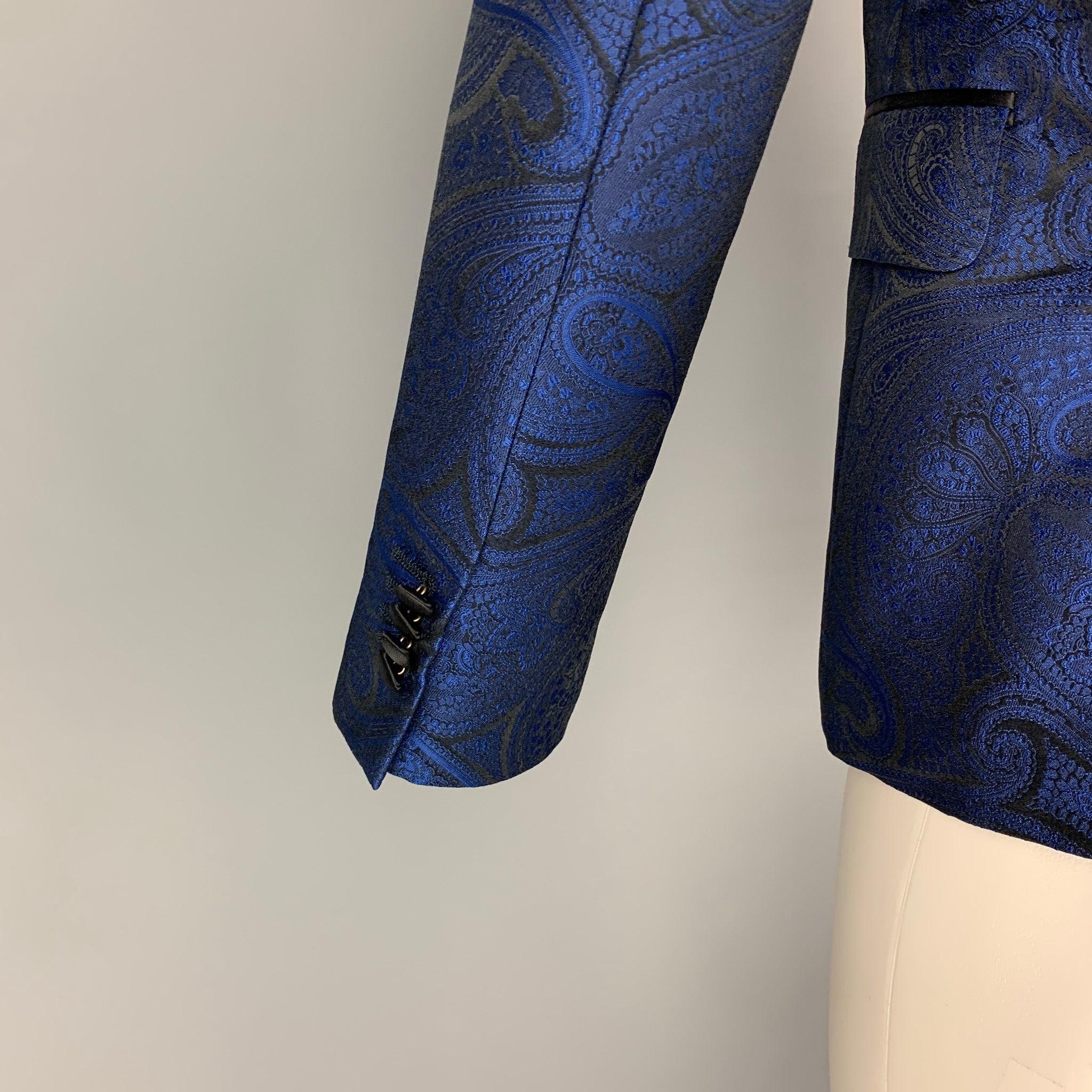 DSQUARED2 Size 38 Blue Black Jacquard Polyester Silk Sport Coat For Sale 1