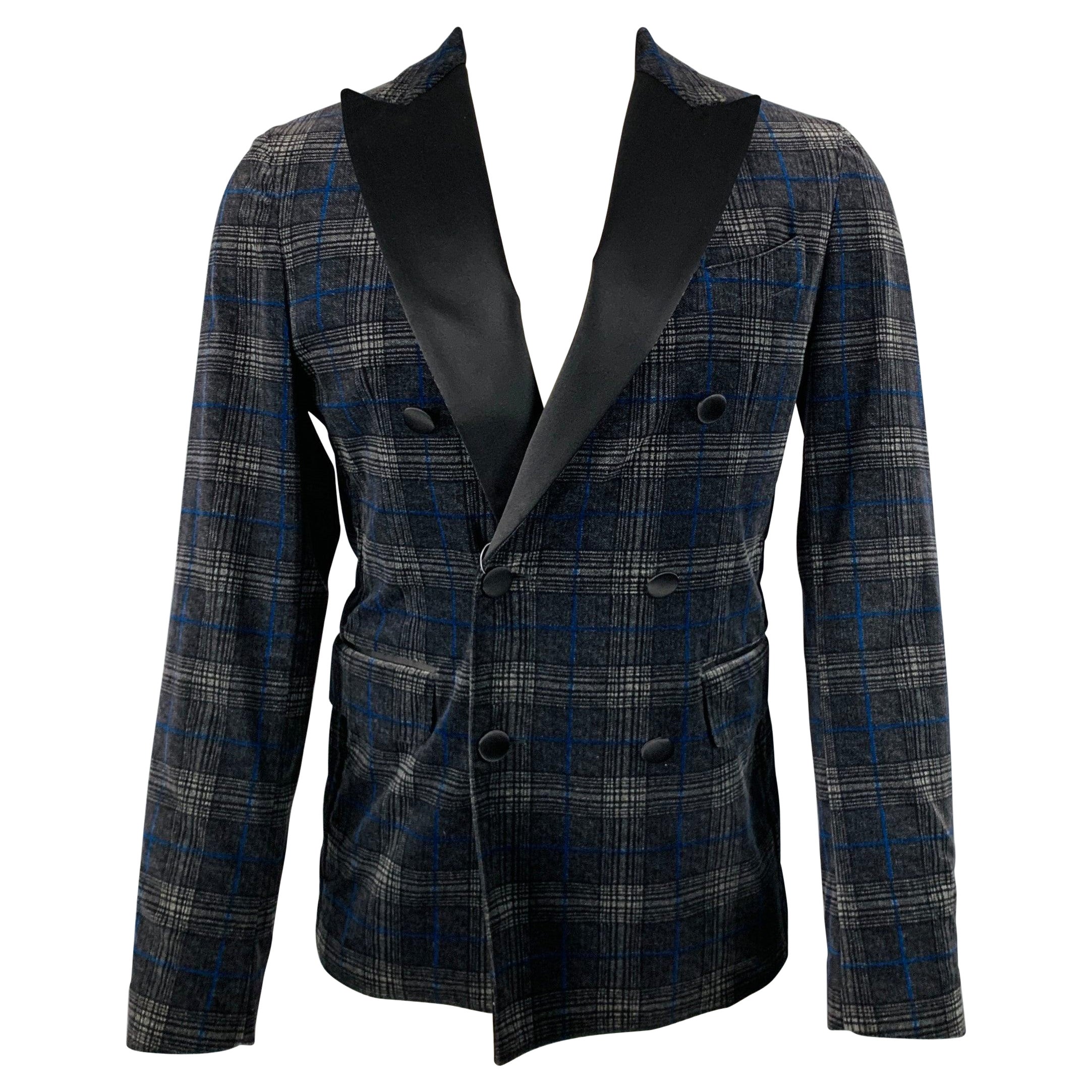 DSQUARED2 Size 40 Black Grey Plaid Cotton Blend Peak Lapel Sport Coat