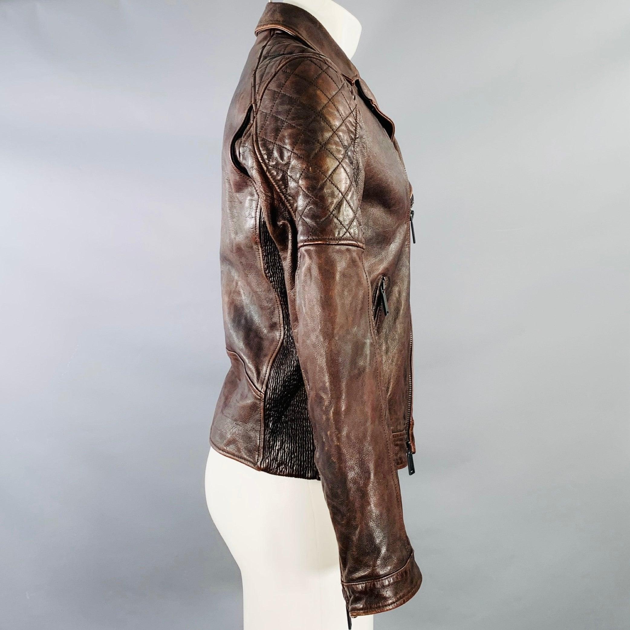 DSQUARED2 jacket
in a brown distressed leather featuring a biker style with quilted shoulders, zip pockets, and zip up closure.Excellent Pre-Owned Condition. 

Marked:   IT 50 

Measurements: 
 
Shoulder: 18 inches Chest: 40 inches Sleeve: 25 inches