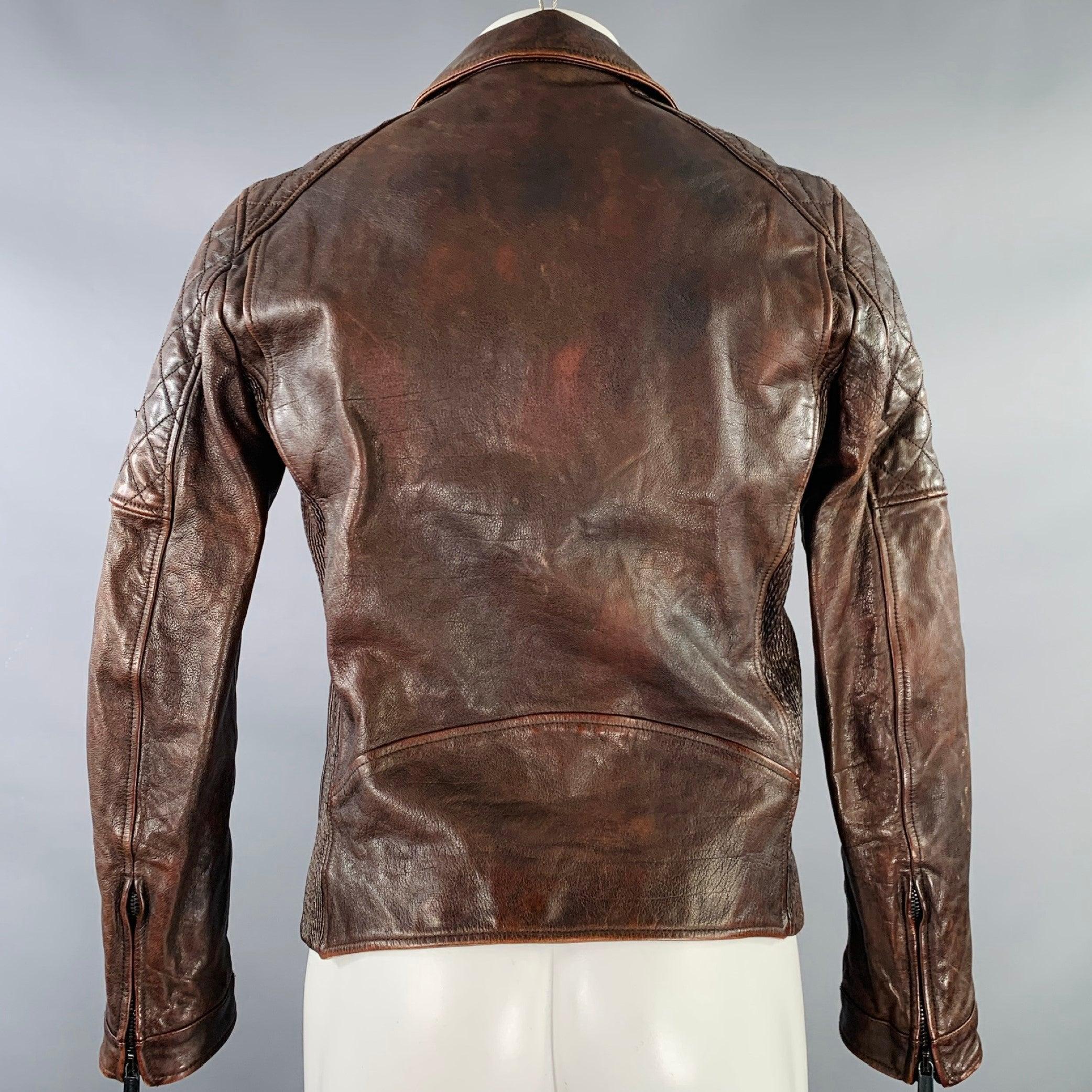 Black DSQUARED2 Size 40 Brown Distressed Leather Slim Fit Biker Jacket For Sale