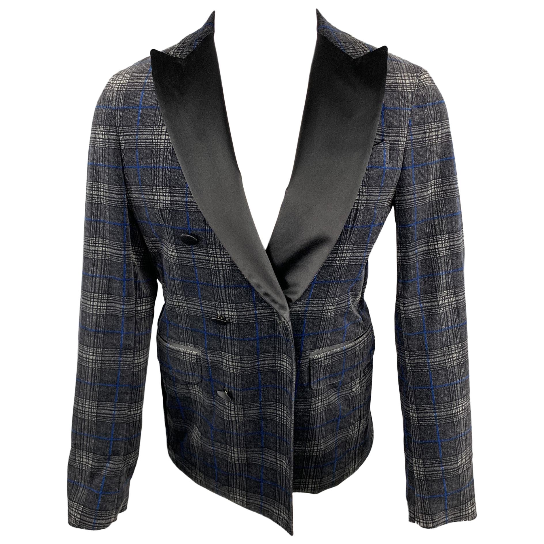 DSQUARED2 Size 40 Grey & Black Plaid Velvet Peak Lapel Double Breasted Coat