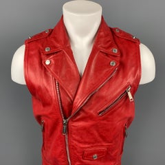 DSQUARED2 Size 40 Red Leather Zip Up Biker Vest