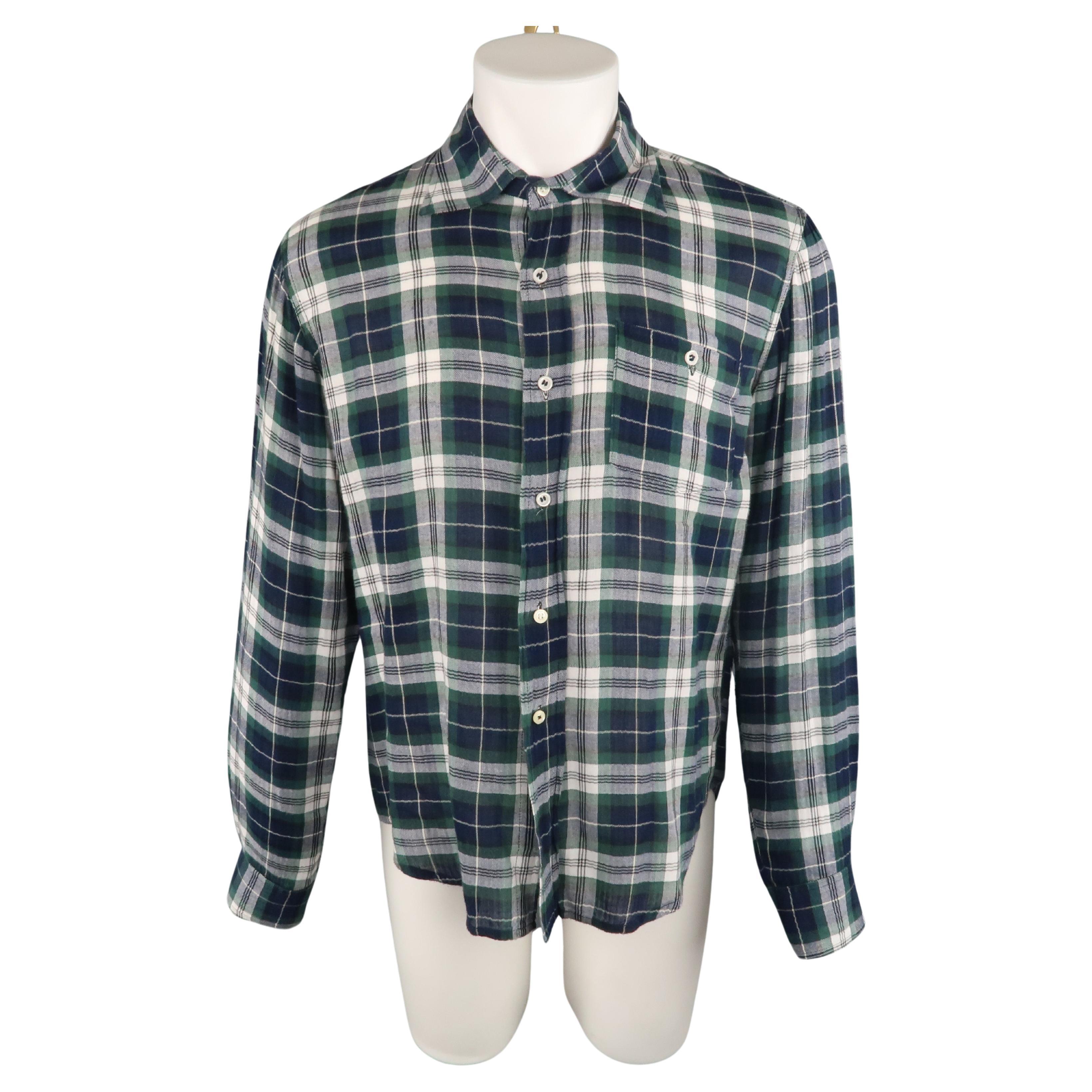 DSQUARED2 Size 42 Green & Blue Plaid Cotton Button Up Long Sleeve Shirt For Sale