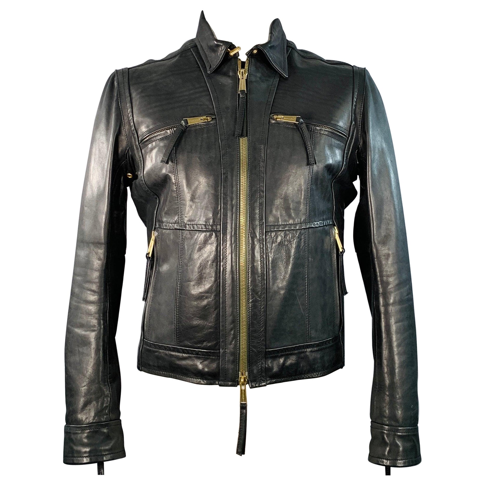 DSQUARED2 Talla 44 Chaqueta motera de piel negra con cremallera en venta