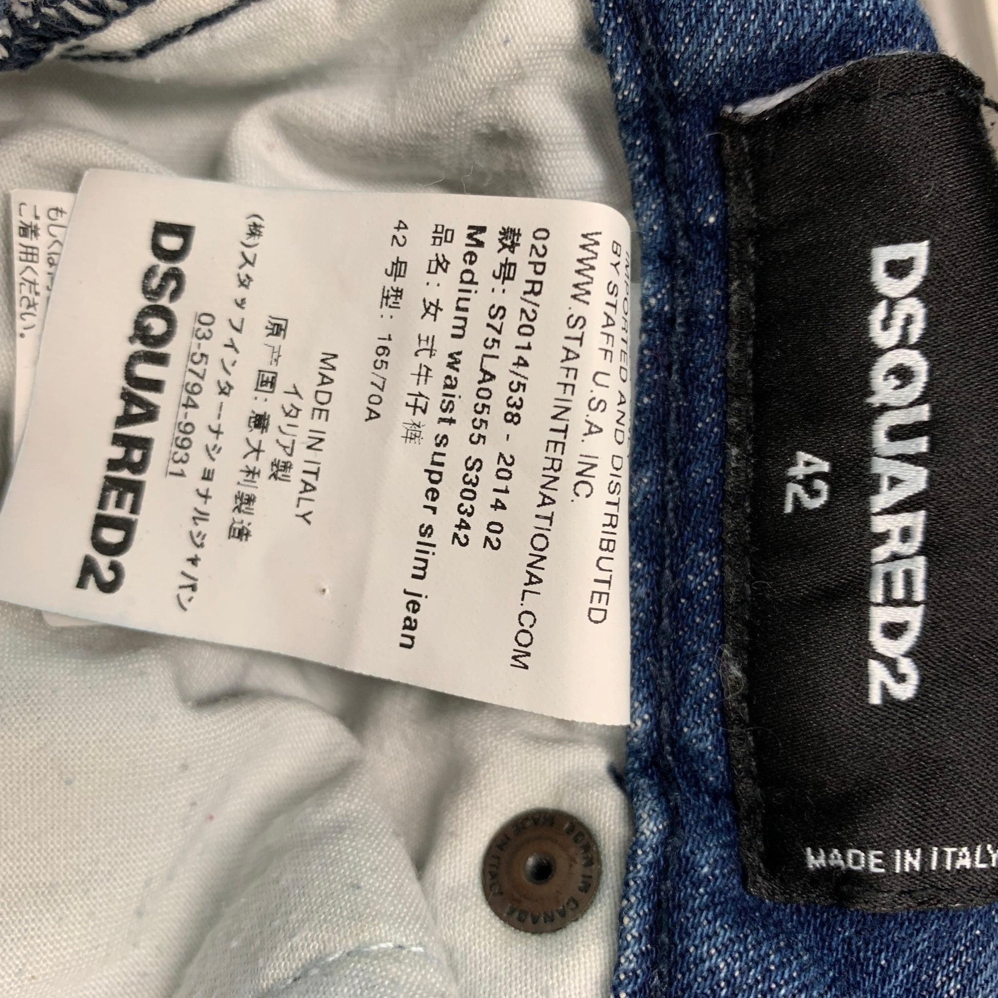 DSQUARED2 Size 6 Blue White Cotton  Elastane Paint Splattered Narrow leg Jeans In Good Condition For Sale In San Francisco, CA