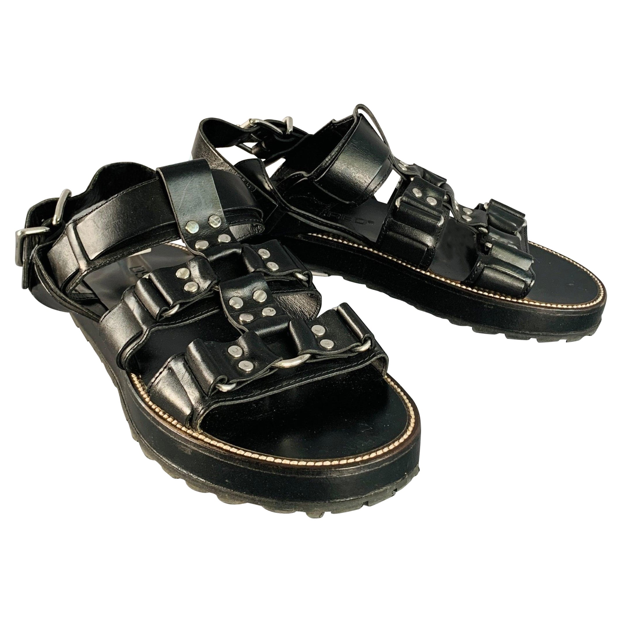 DSQUARED2 Size 8 Harley Black Silver Leather Buckle Sandals im Angebot
