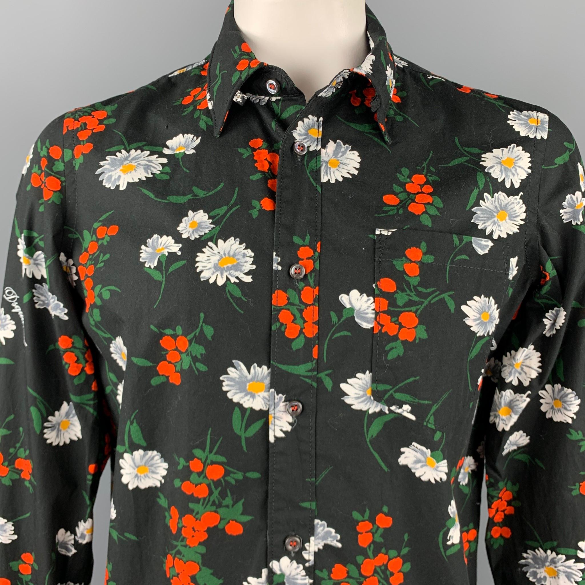 DSQUARED2 long sleeve shirt comes in a black floral cotton with a wired collar and cuffs featuring a button up style, patch pocket, and a spread collar. Made in Italy.

Excellent Pre-Owned Condition.
Marked: IT 52

Measurements:

Shoulder: 18.5 in.