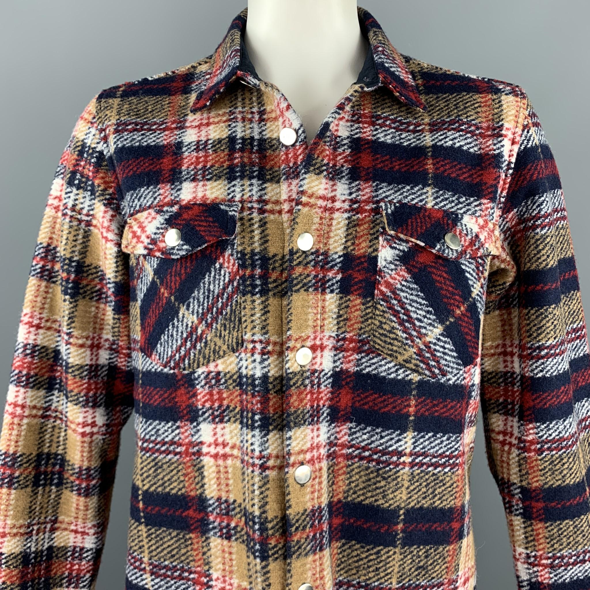 DSQUARED2 long sleeve shirt comes in a navy & tan plaid wool featuring a jacket style, silver tone buttons, patch pockets, and a spread collar. Made in Italy.

Excellent Pre-Owned Condition.
Marked: L

Measurements:

Shoulder: 18.5 in. 
Chest: 42