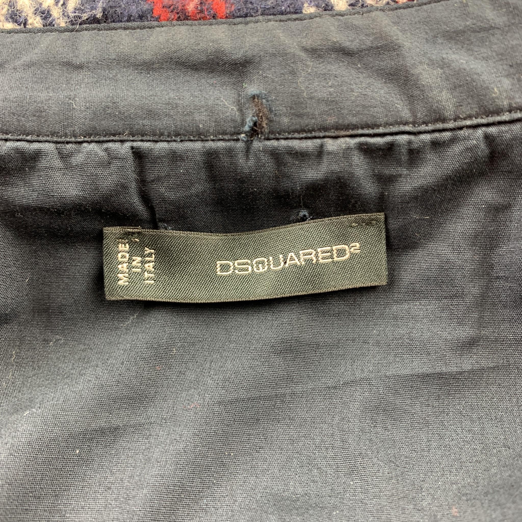 Black DSQUARED2 Size L Navy & Tan Plaid Wool Patch Pockets Long Sleeve Shirt Jacket