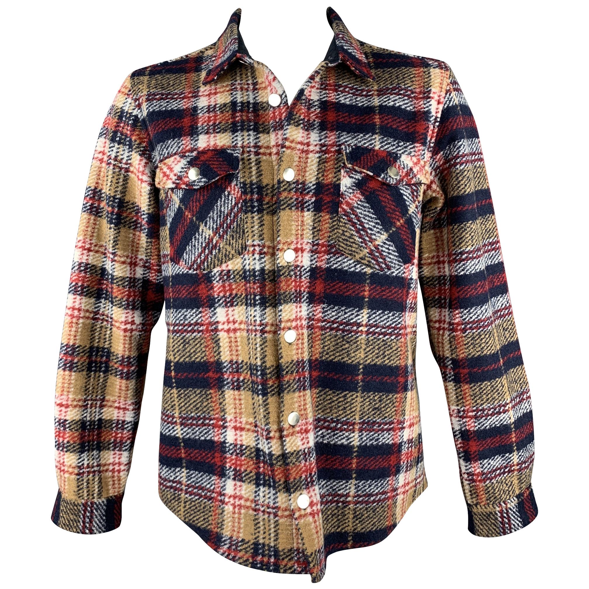 DSQUARED2 Size L Navy & Tan Plaid Wool Patch Pockets Long Sleeve Shirt Jacket