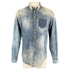 DSQUARED2 Size M Blue Distressed Cotton Denim Long Sleeve Shirt