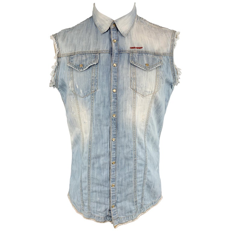 DSQUARED2 Size M Blue Distressed Light Wash Bleached Denim Sleeveless ...