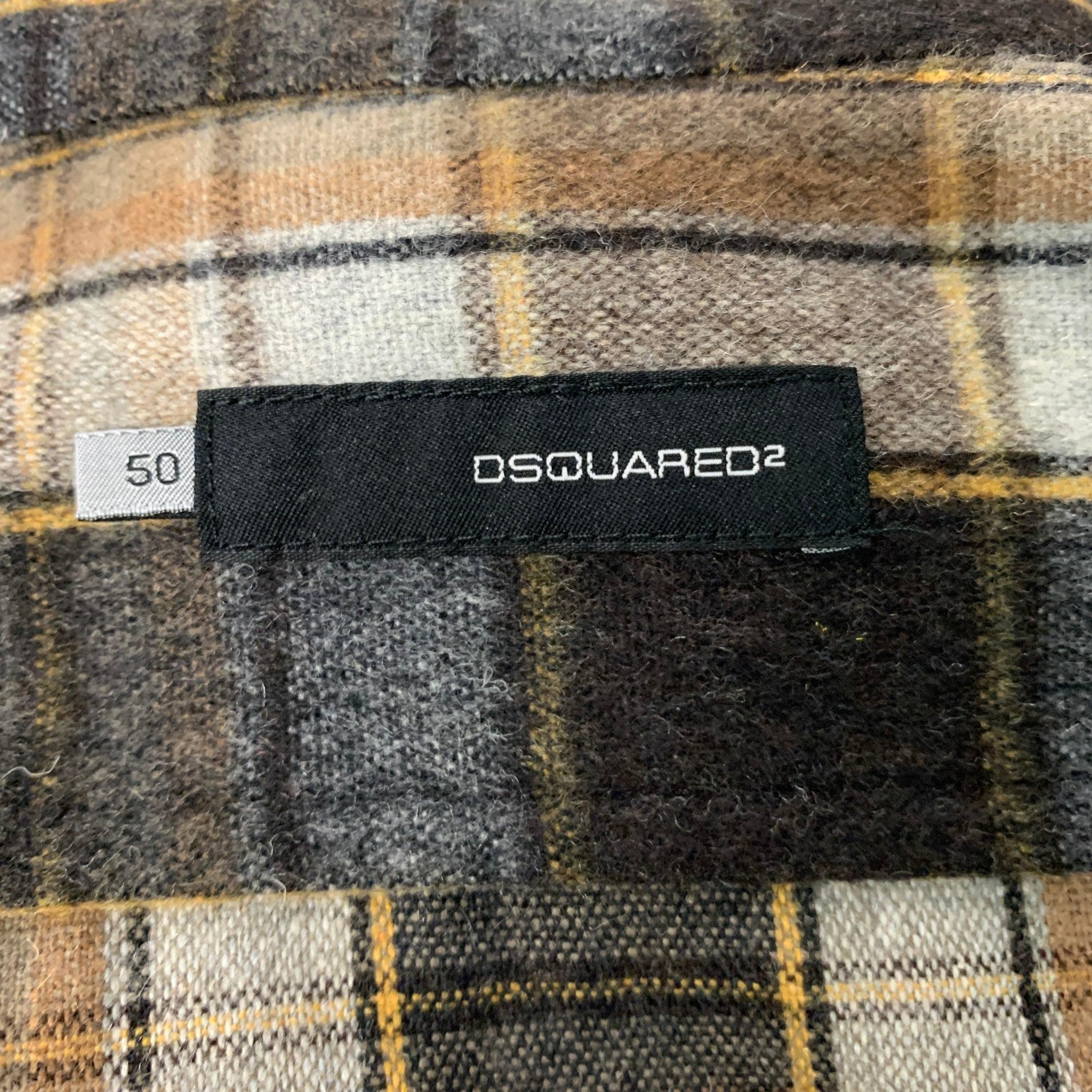 Men's DSQUARED2 Size M Brown Beige Plaid Wool Polyester Long Sleeve Shirt For Sale
