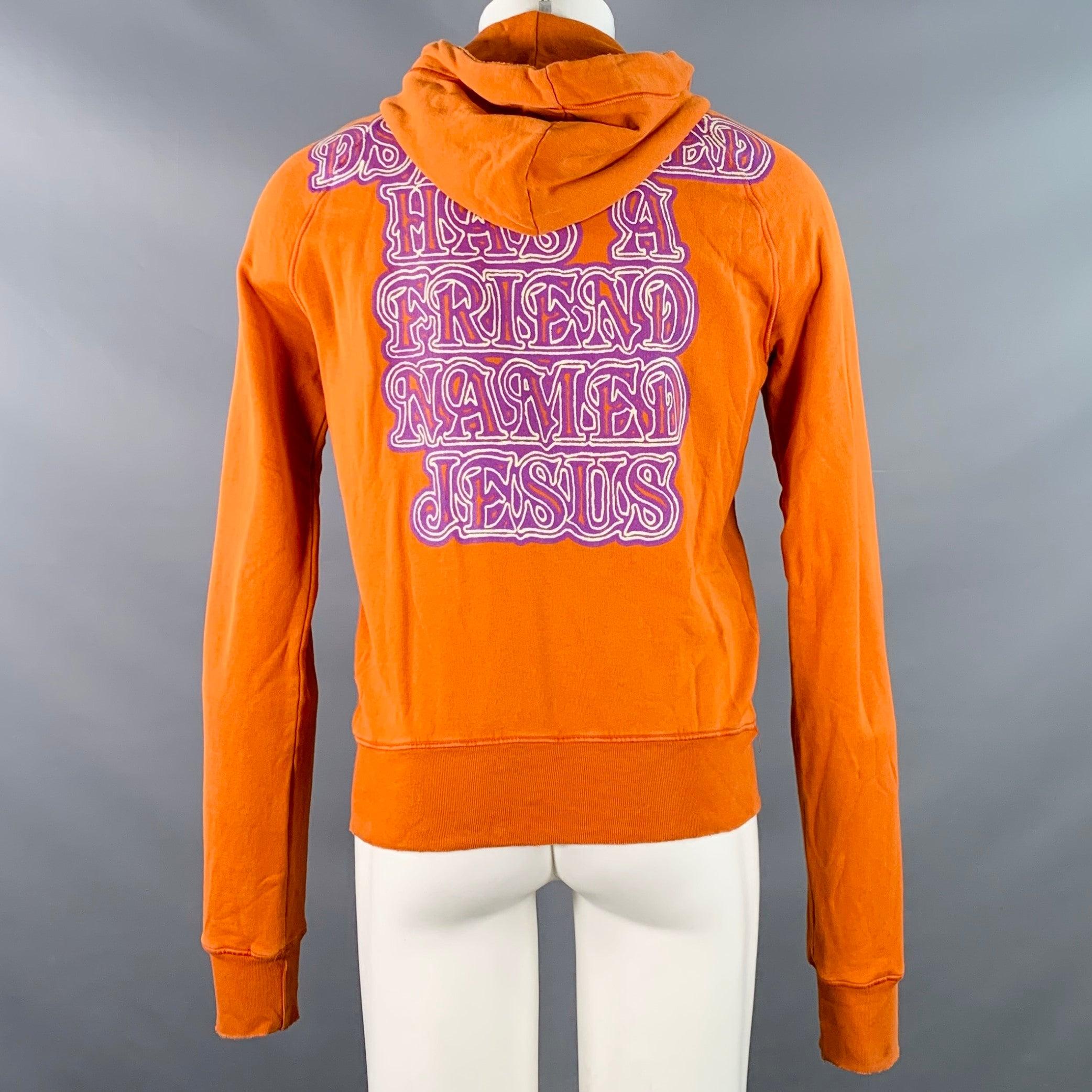 Men's DSQUARED2 Size M Friend Named Jesus Orange Purple Print Cotton Hoodie Sweatshirt For Sale