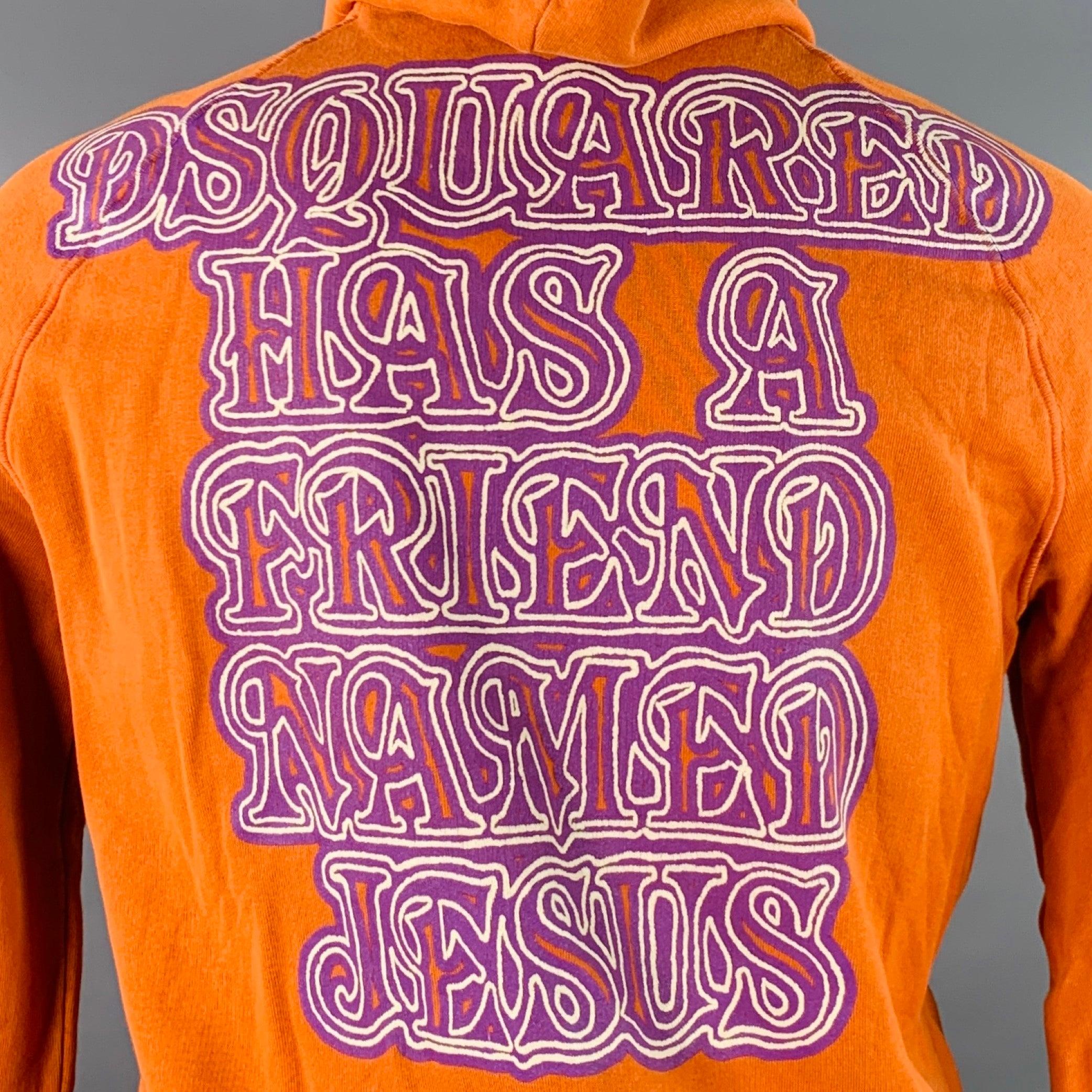 DSQUARED2 Size M Friend Named Jesus Orange Purple Print Cotton Hoodie Sweatshirt For Sale 1
