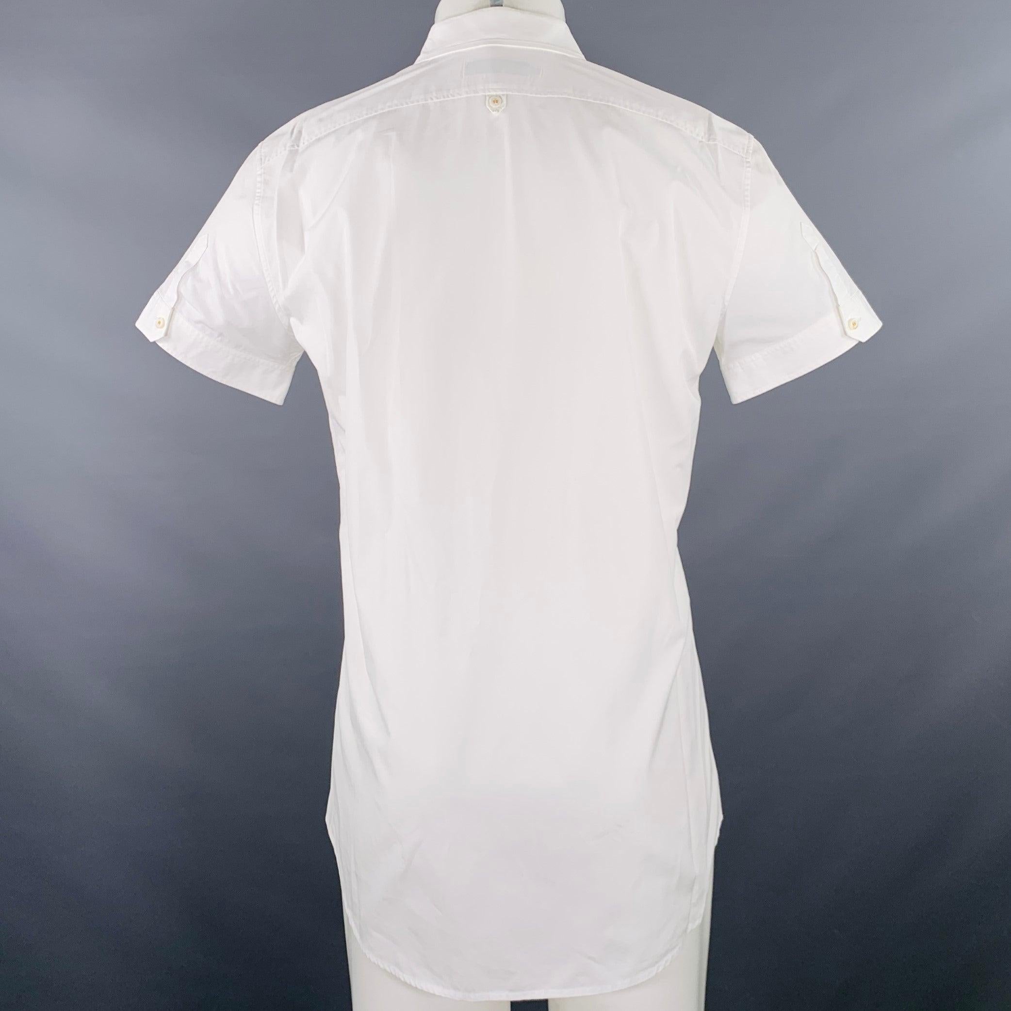 DSQUARED2 Size M White Navy Embroidery Cotton Short Sleeve Shirt In Good Condition For Sale In San Francisco, CA