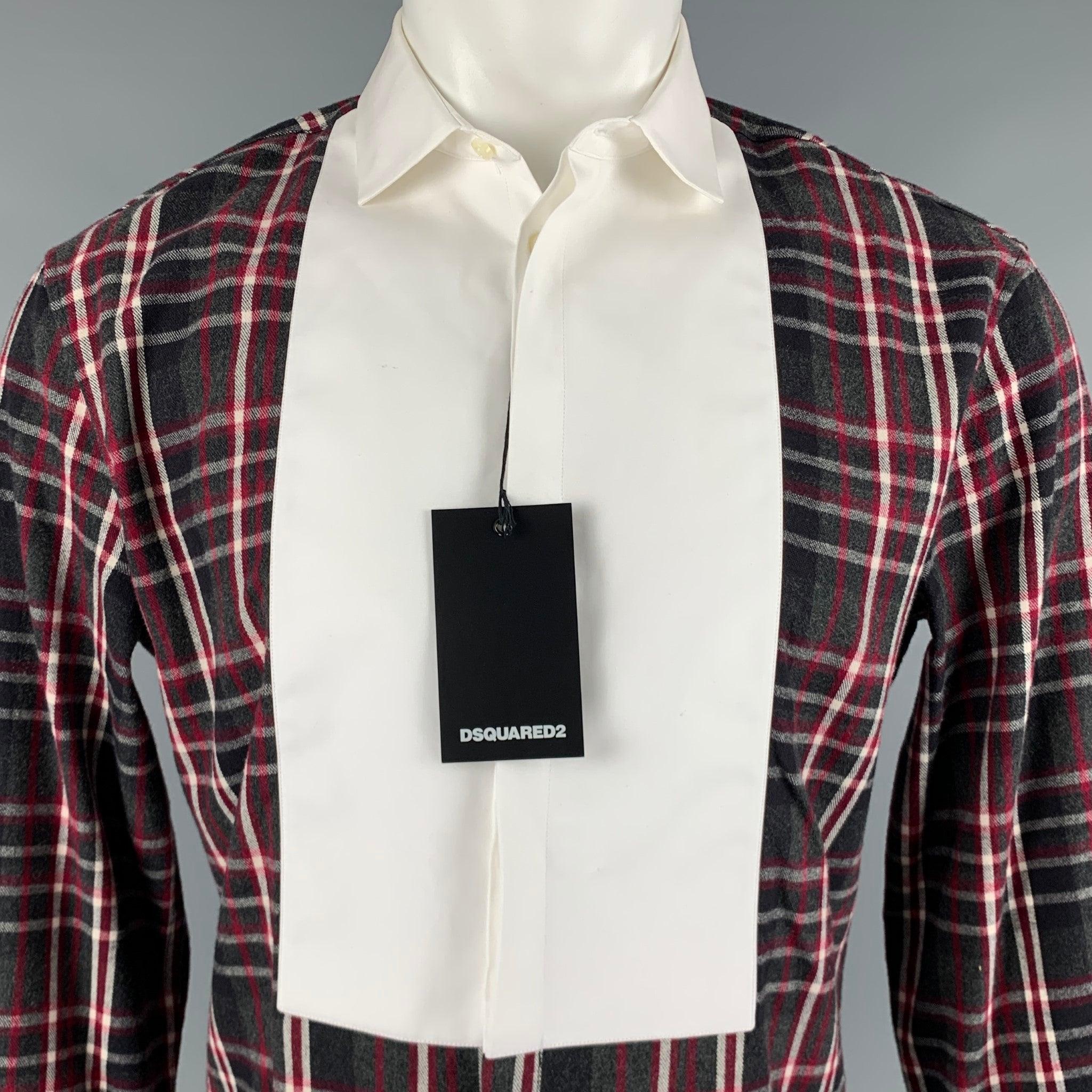 DSQUARED2 long sleeve tuxedo shirt
in a grey cotton featuring black and red plaid, white bib front, cutaway collar, and a hidden button closure. Made in Italy.Very Good Pre-Owned Condition with Tags. Missing one button and minor marks. 

Marked:  