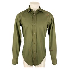 DSQUARED2 Size S Olive Stitched Cotton Wire Trim Button Up Long Sleeve Shirt