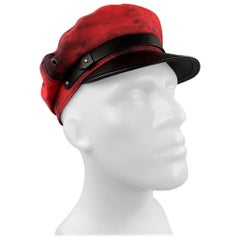 DSQUARED2 Size S Red & Black Cotton Leather Biker Hat