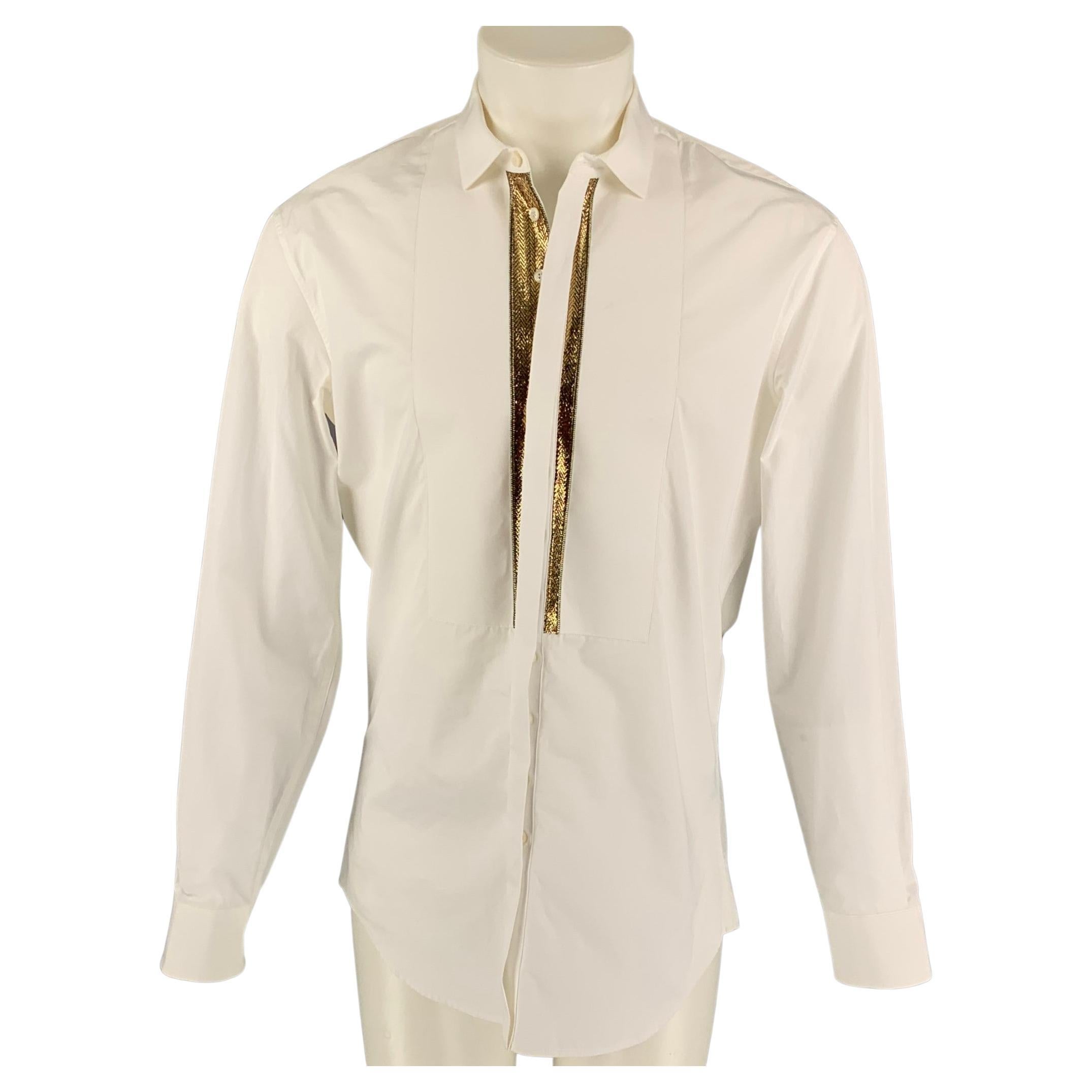 DSQUARED2 Size S White & Gold Cotton Hidden Placket Long Sleeve Shirt