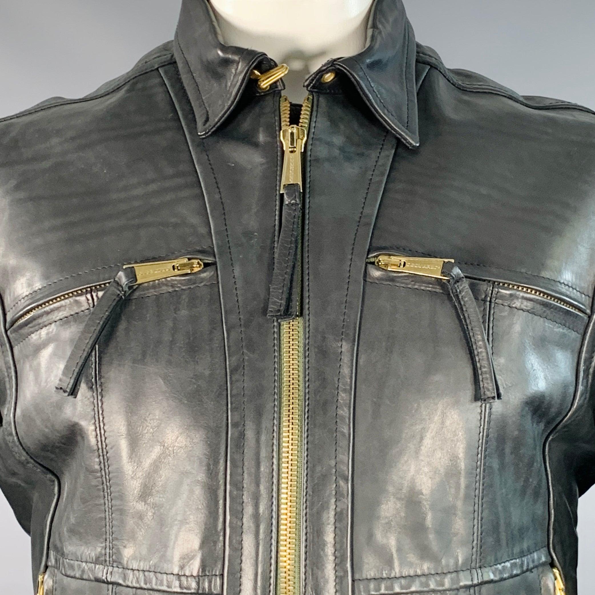 Nero Dsquared2 Giacca da moto con zip in pelle nera taglia XL in vendita