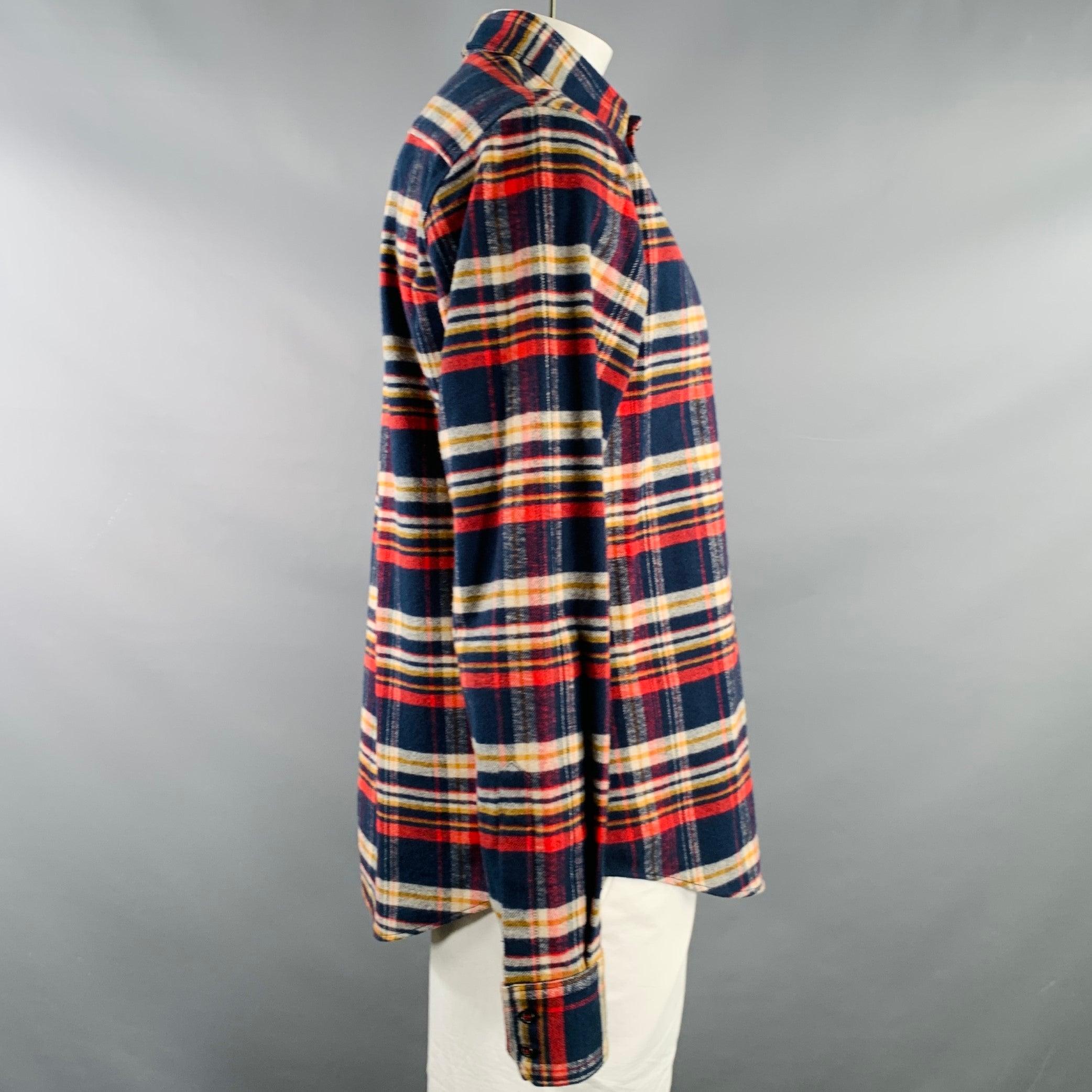 DSQUARED2 long sleeve shirt
in a navy, red, and yellow cotton flannel featuring a plaid pattern, and button closure. Made in Italy.Excellent Pre-Owned Condition. 

Marked:   IT 56 

Measurements: 
 
Shoulder: 18.5 inches Chest: 46 inches Sleeve: 27