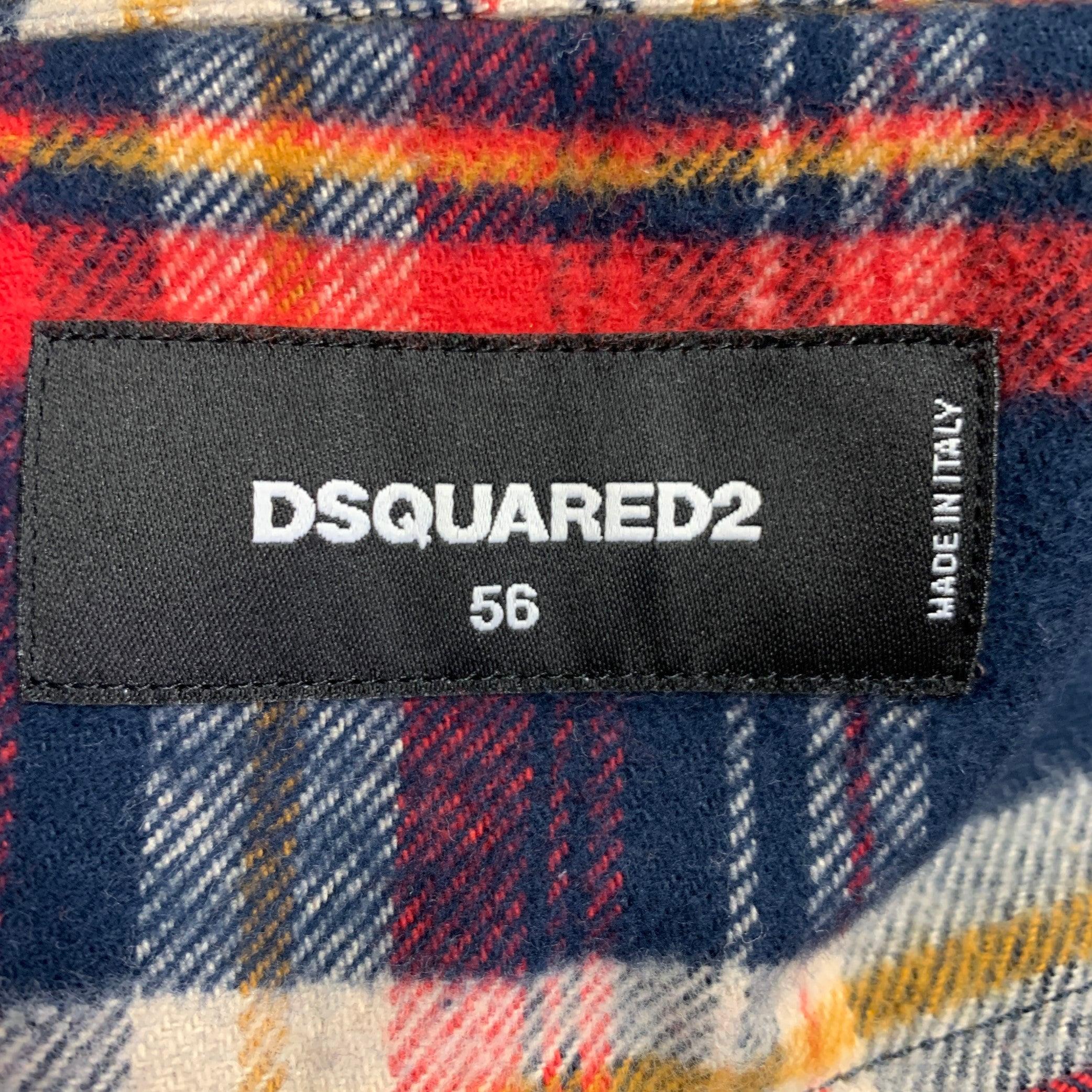DSQUARED2 Size XL Navy Red Yellow Plaid Cotton Button Up Long Sleeve Shirt In Excellent Condition For Sale In San Francisco, CA