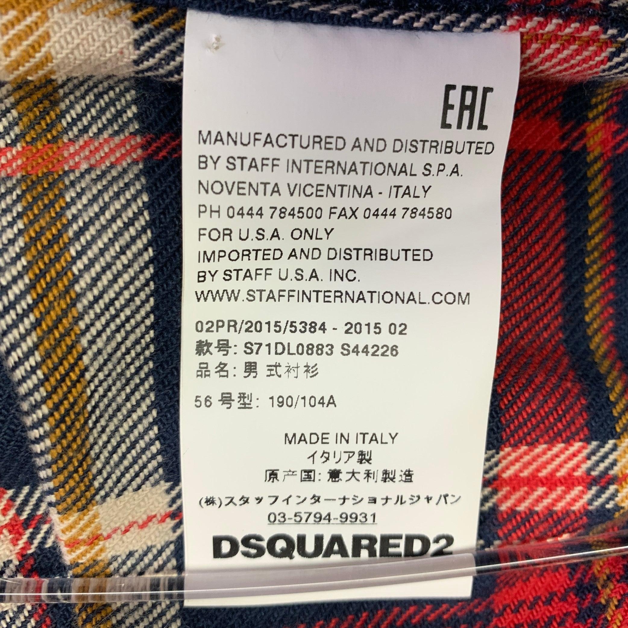 Men's DSQUARED2 Size XL Navy Red Yellow Plaid Cotton Button Up Long Sleeve Shirt For Sale