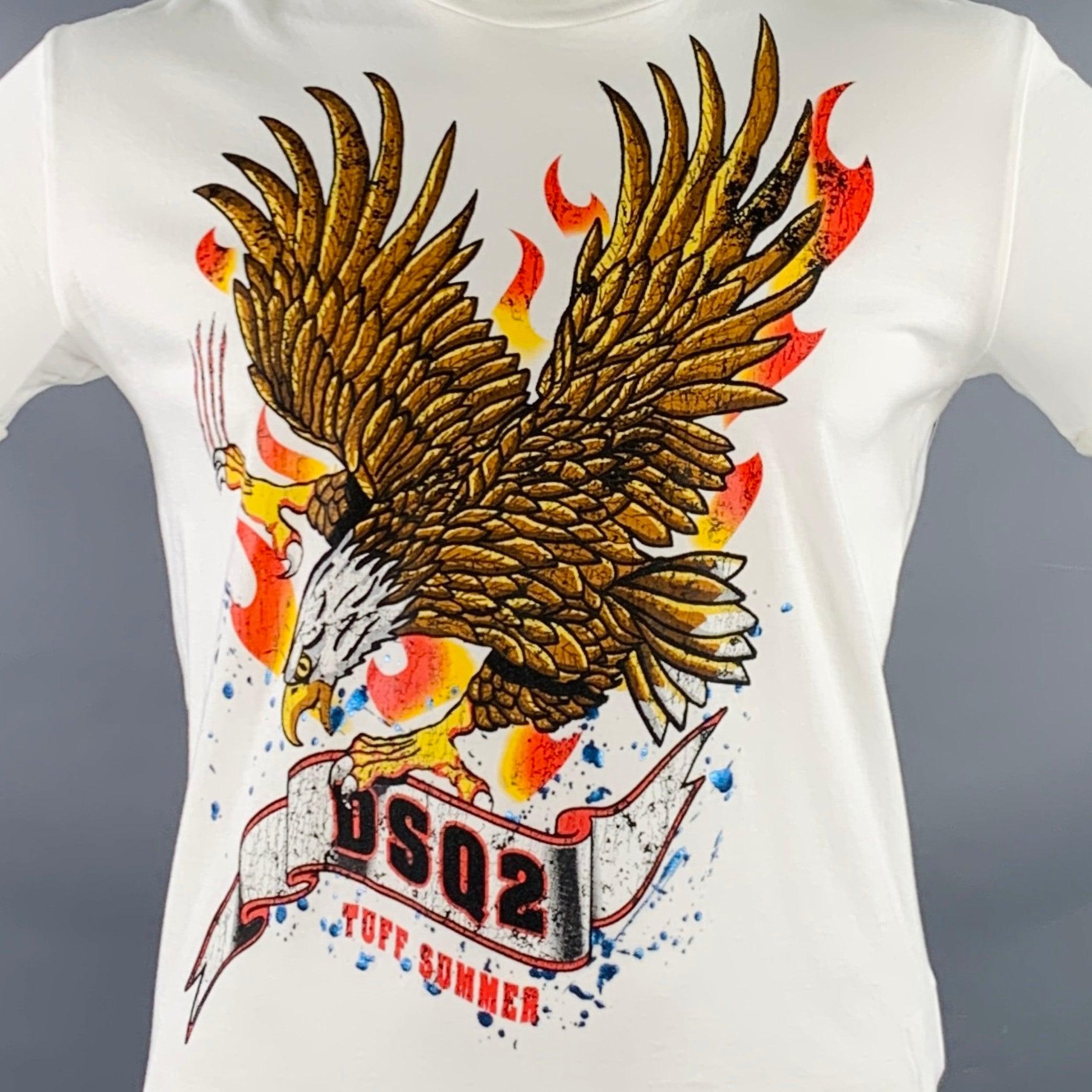 DSQUARED2 t-shirt
in a white cotton jersey featuring stunning bald eagle graphic print,
 short sleeves, and crew neck.Very Good Pre-Owned Condition. Minor discoloration at sleeves. 

Marked:   XL 

Measurements: 
 
Shoulder: 18.5 inches Chest: 44