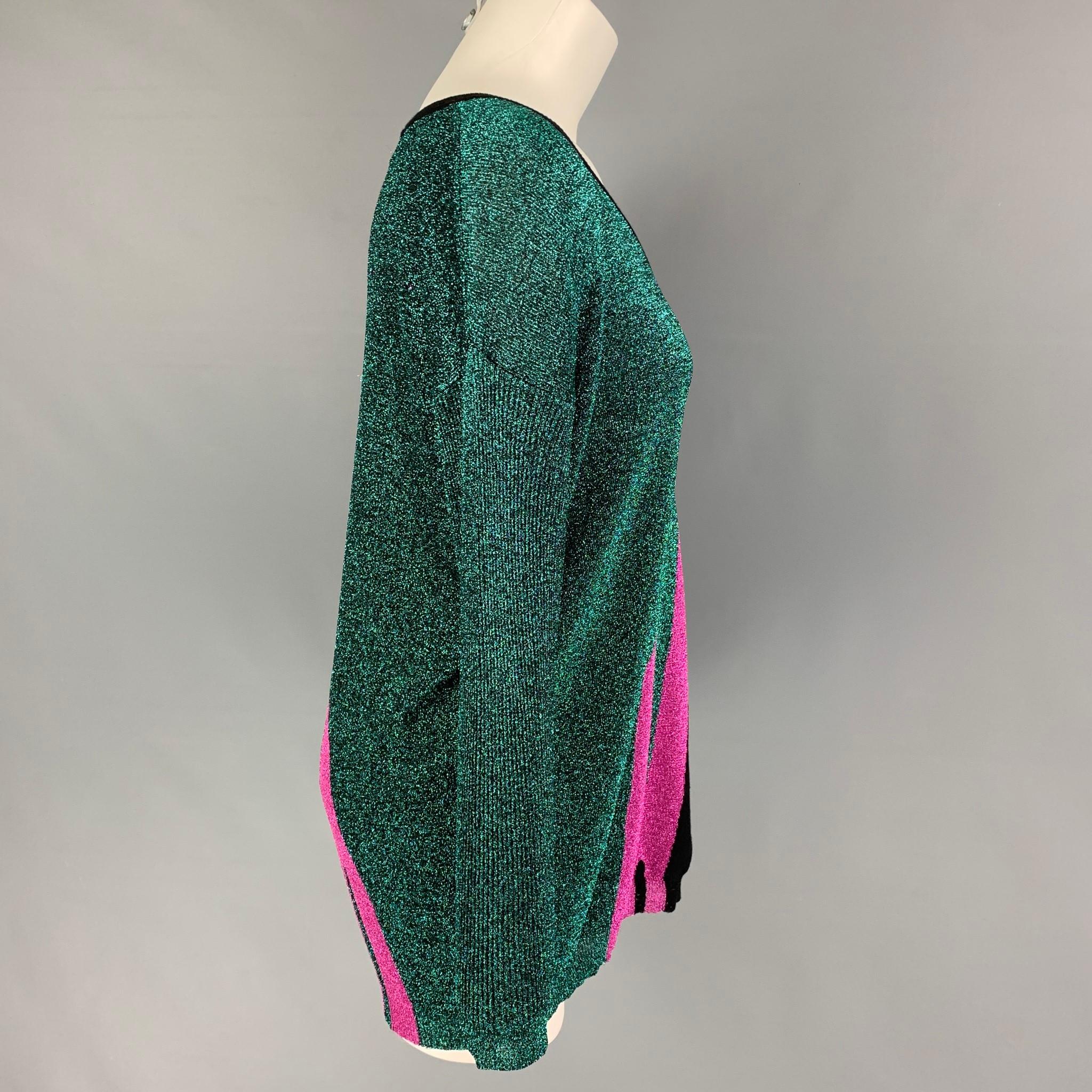 DSQUARED2 pullover comes in a black & green wool blend with a pink metallic detail featuring a loose fit and v-neck. Made in Italy. 

New With Tags. 
Marked: XS

Measurements:

Shoulder: 23 in.
Bust: 44 in.
Sleeve: 21 in.
Length: 28 in. 