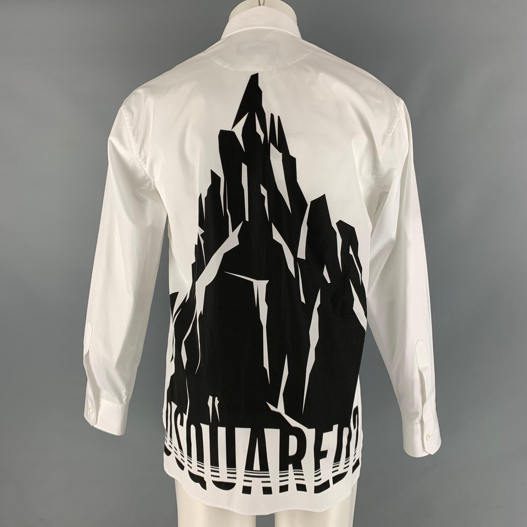 DSQUARED2 Size XS White Black Graphic Cotton Button Up Long Sleeve Shirt In Good Condition For Sale In San Francisco, CA