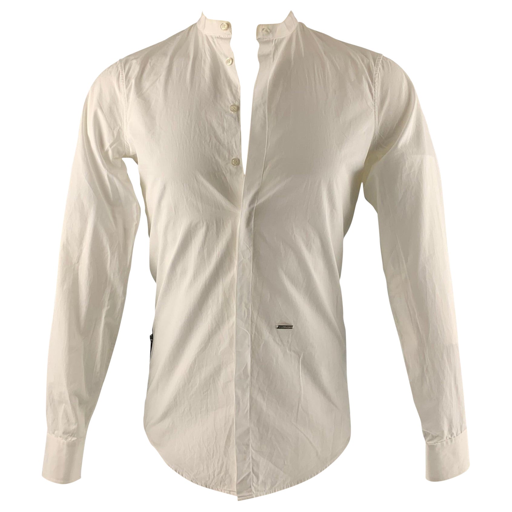 DSQUARED2 Talla XS Camisa de Manga Larga de Algodón Sólido Blanco con Cuello Nehru