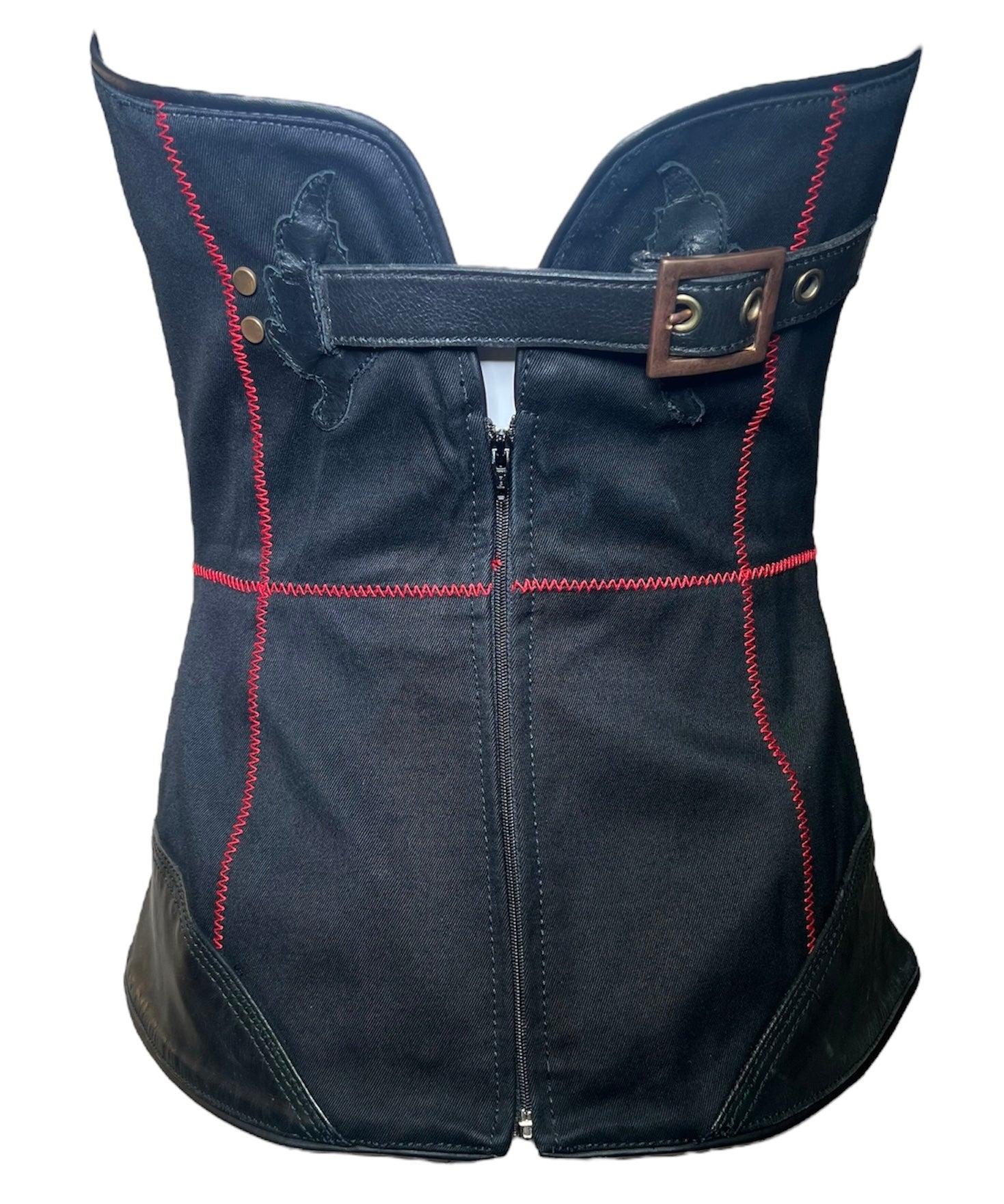 Sexy, striking and modern- DSquared2 delivers a bondage-style, refined Y2K bustier that flatters all parts. The zig-zag red stitch is a bold statement and its geometric pattern only accentuates the curves that it will surely make. The leather
