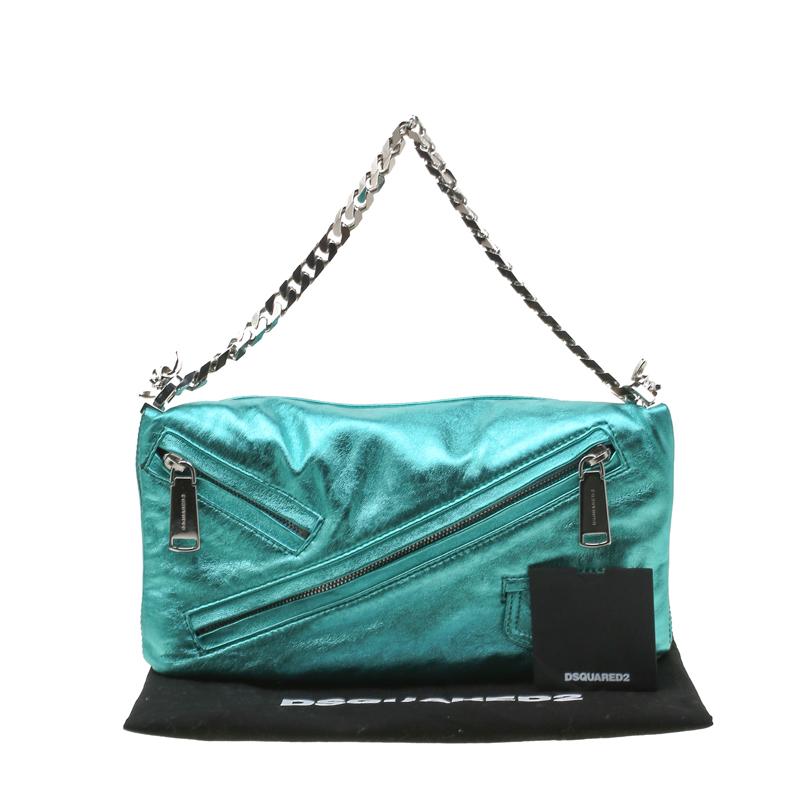 Dsquared2 Teal Metallic Leather Babe Wire Clutch 5