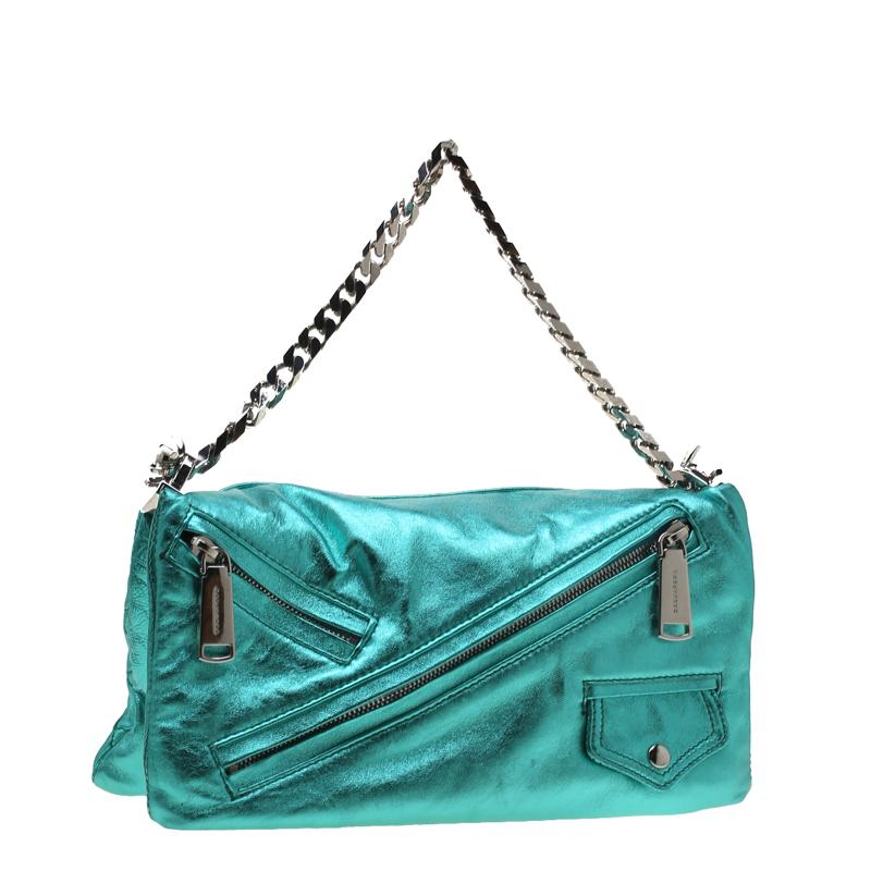 Dsquared2 Teal Metallic Leather Babe Wire Clutch In Excellent Condition In Dubai, Al Qouz 2