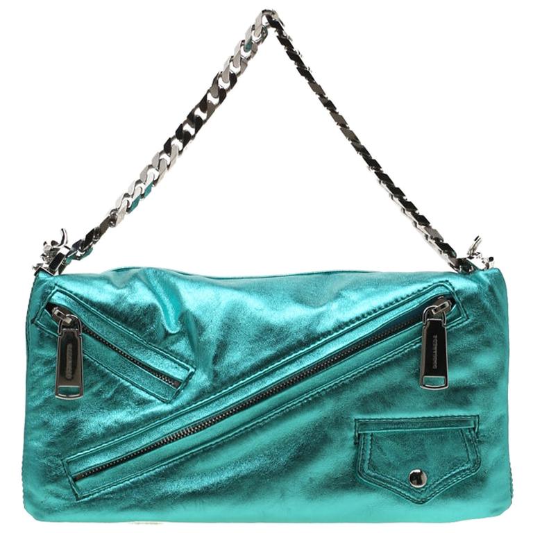 Dsquared2 Teal Metallic Leather Babe Wire Clutch