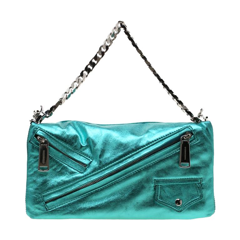 Dsquared2 Teal Metallic Leather Babe Wire Clutch